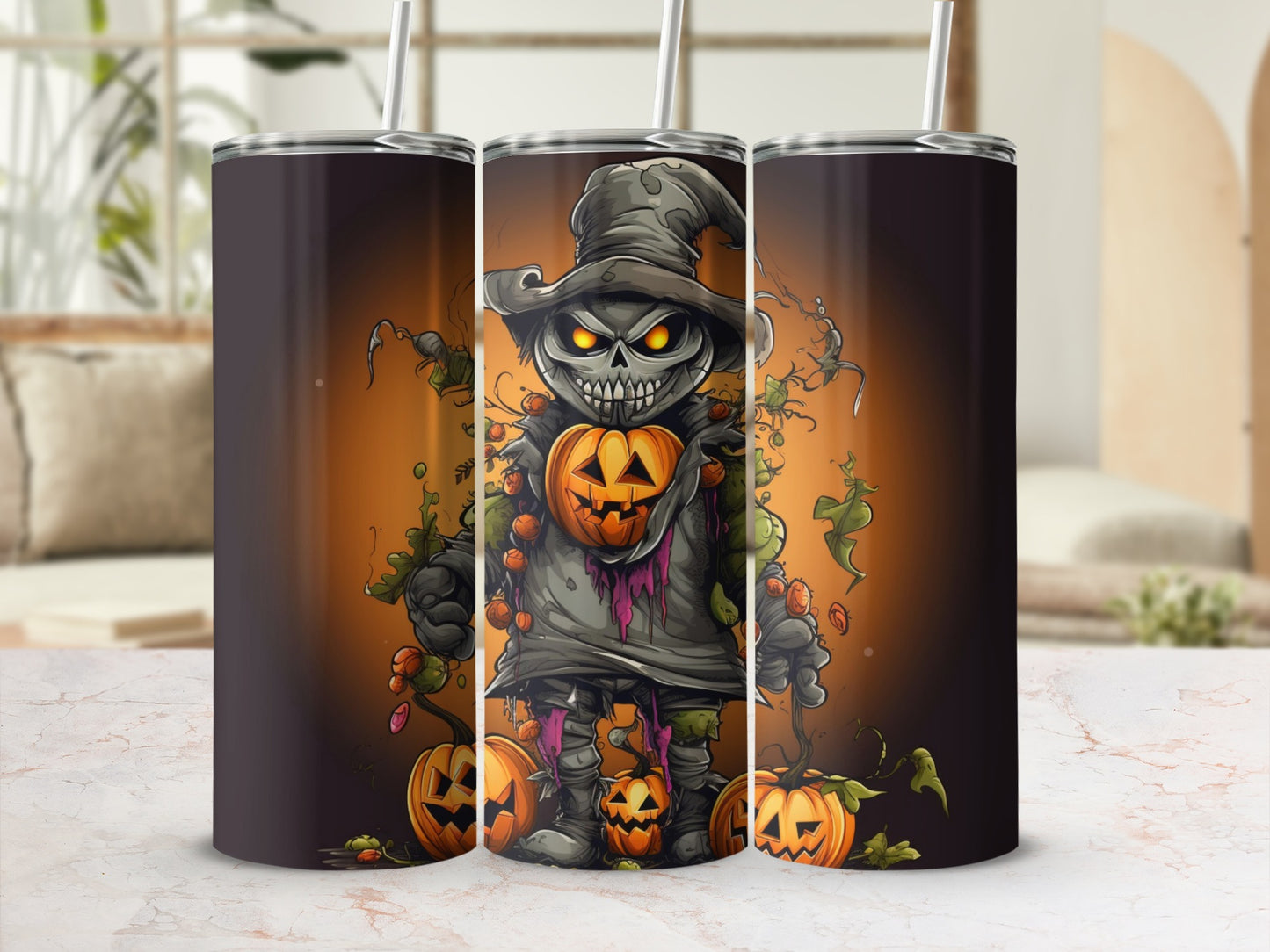 Scary Pumpkin Witch Halloween Tumbler with Straw