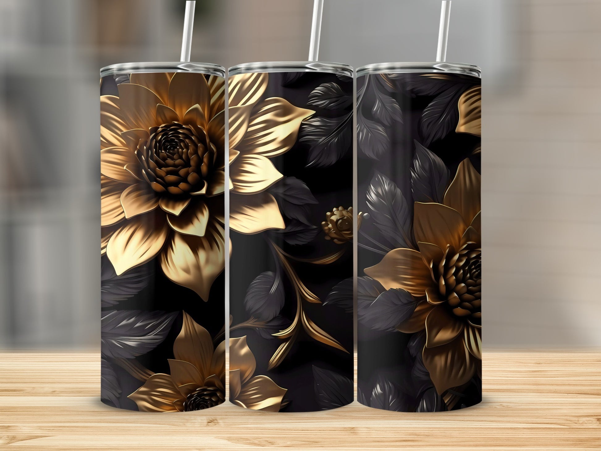 Elegant Gold and Black Floral Design Tumbler Product