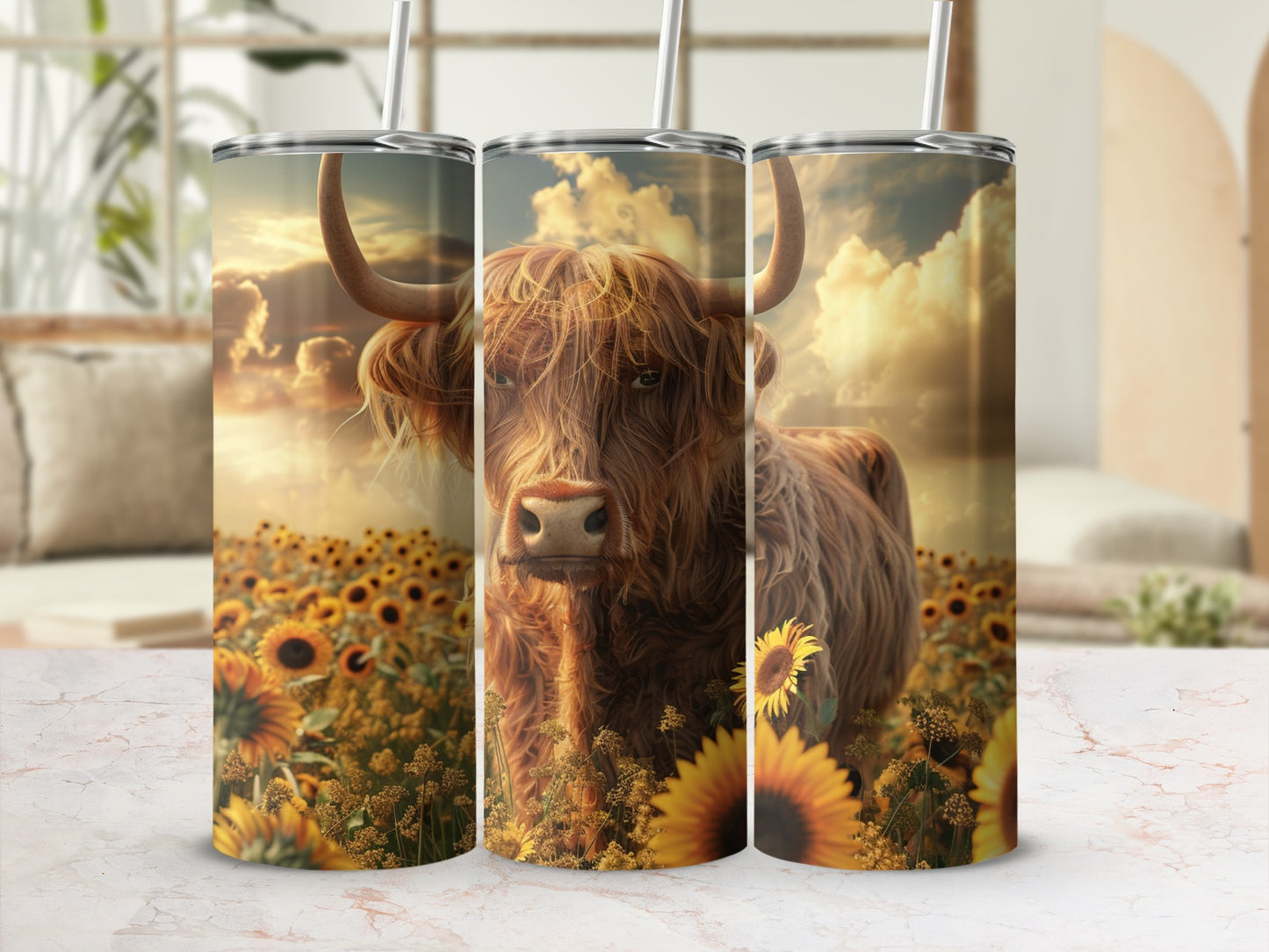 Highland cow in a field of sunflowers with a sunset sky.