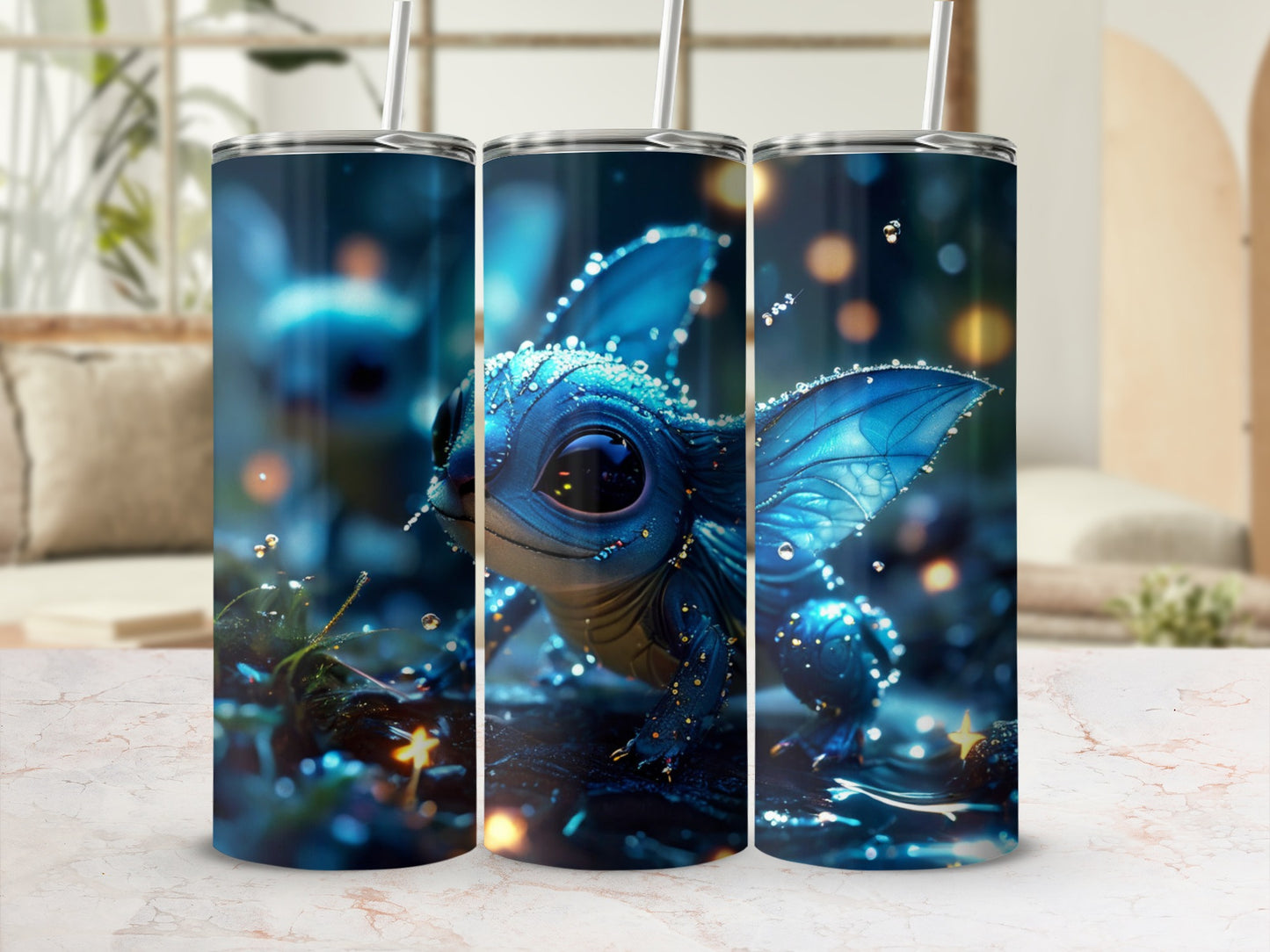 Blue dragon creature with sparkly wings on a dark, glittery background.