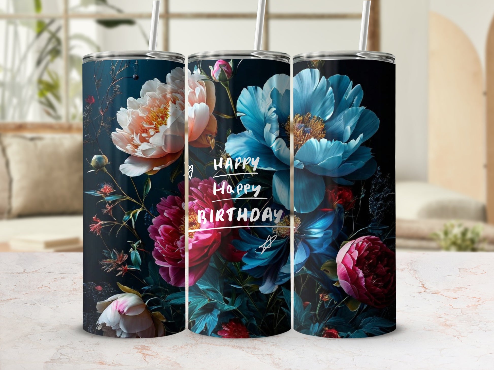 Tumbler with pink and blue peonies, with "Happy Birthday" text.