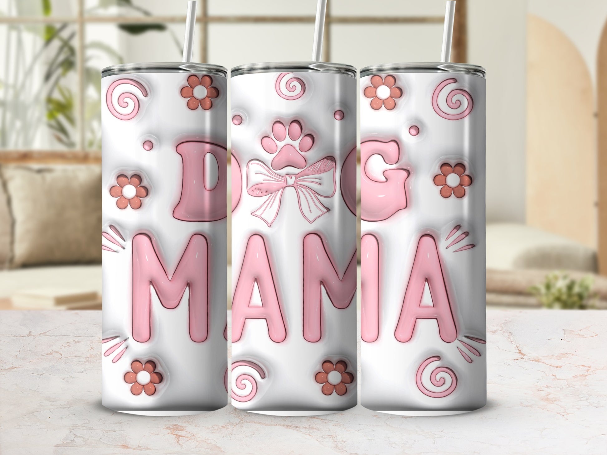 Pink "DOG MAMA" text with paw print and flowers on a white tumbler.