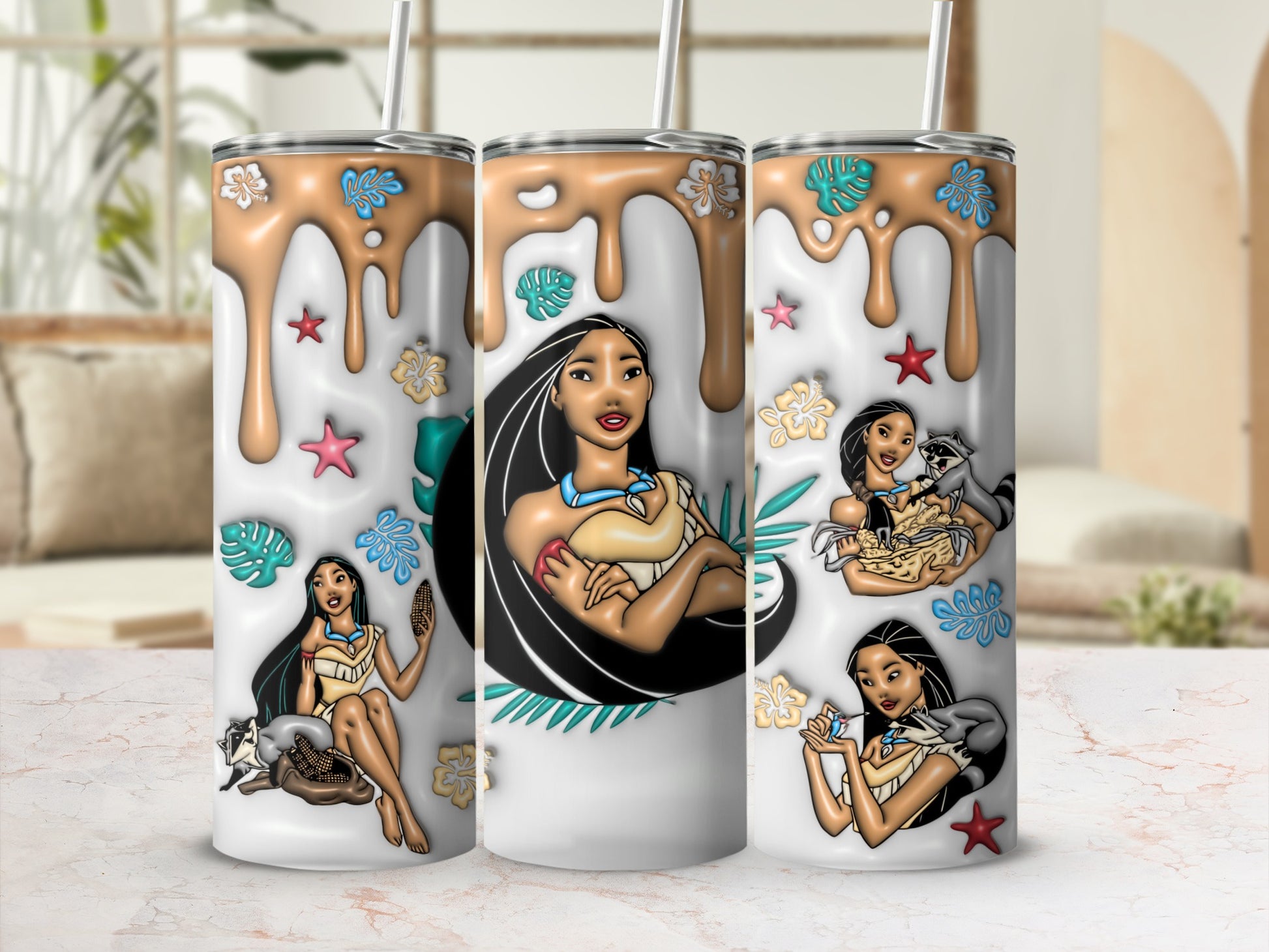 Pocahontas with Pocahontas and Meeko on three tumblers.
