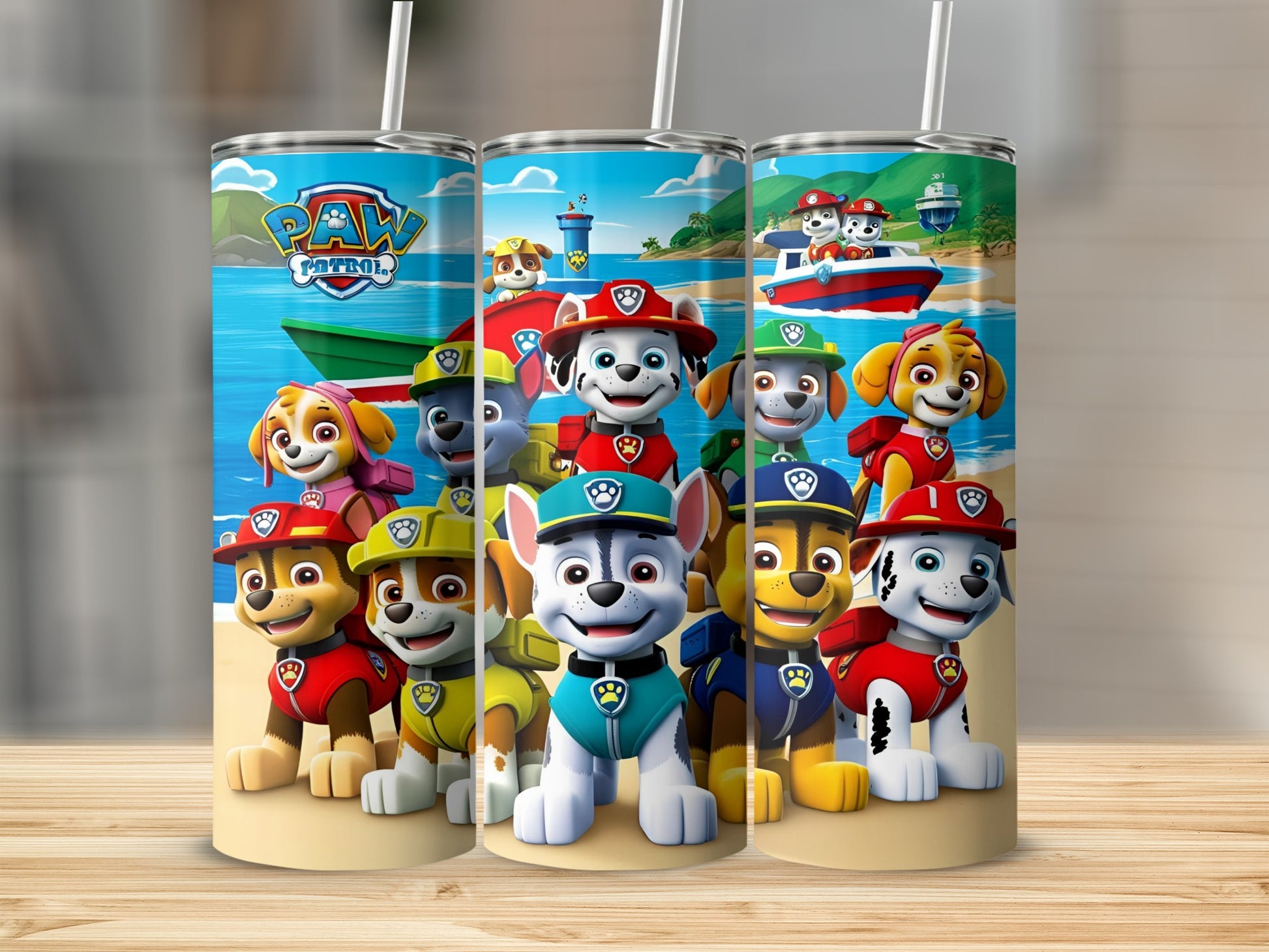 Paw Patrol characters on three insulated tumblers with straws.