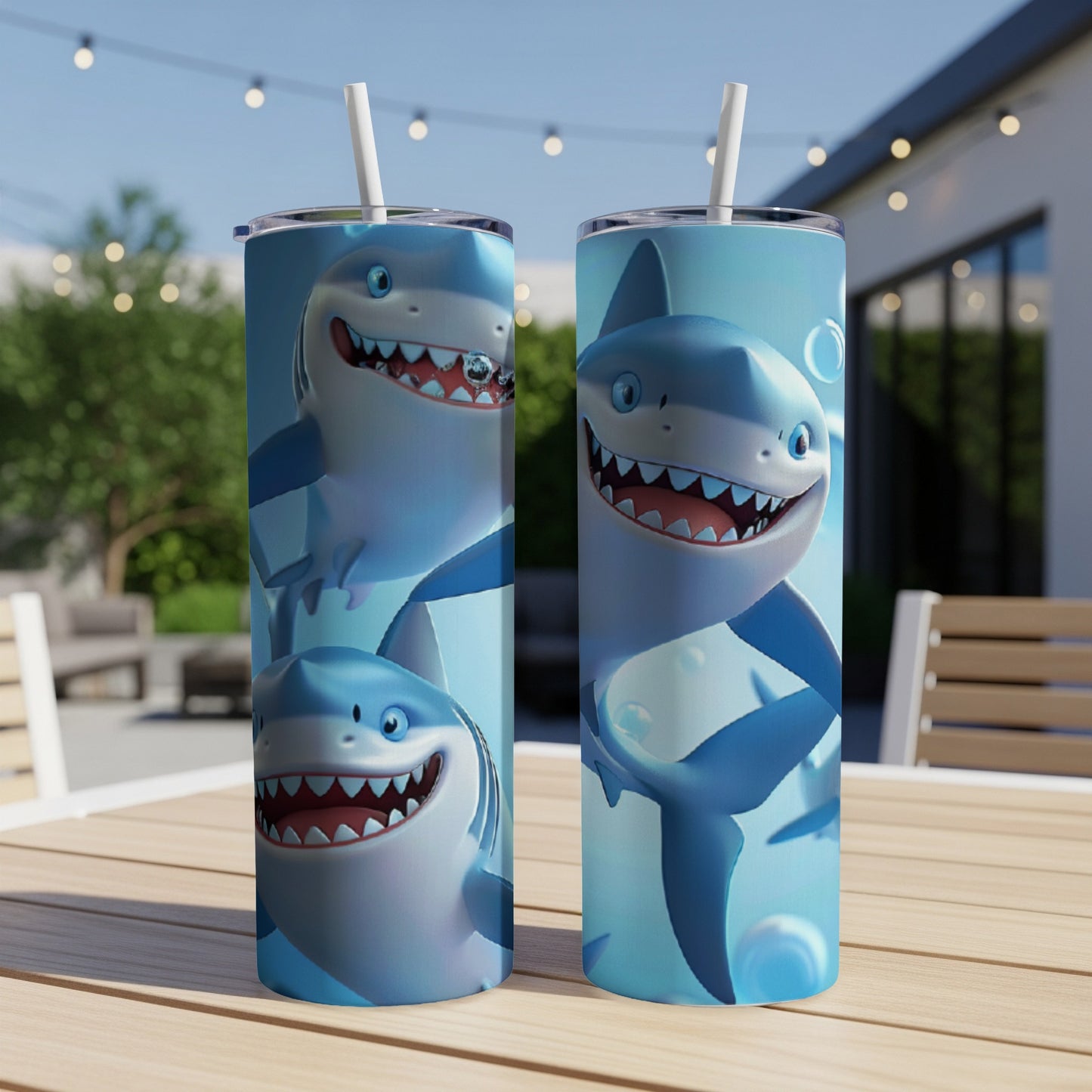Two cartoon shark tumblers with straws on a table.