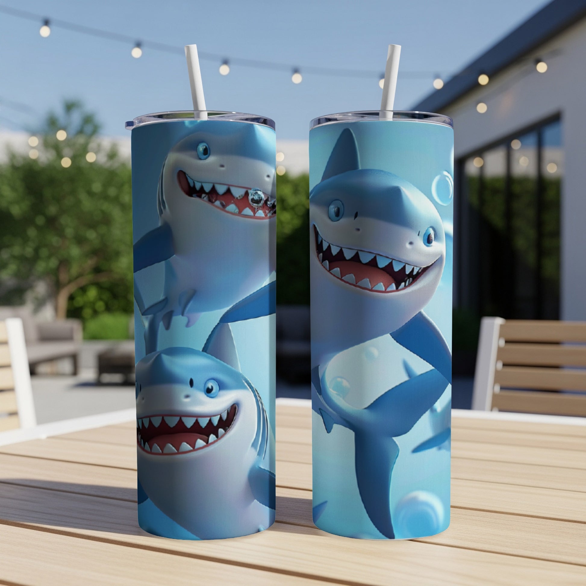 Two cartoon shark tumblers with straws on a table.