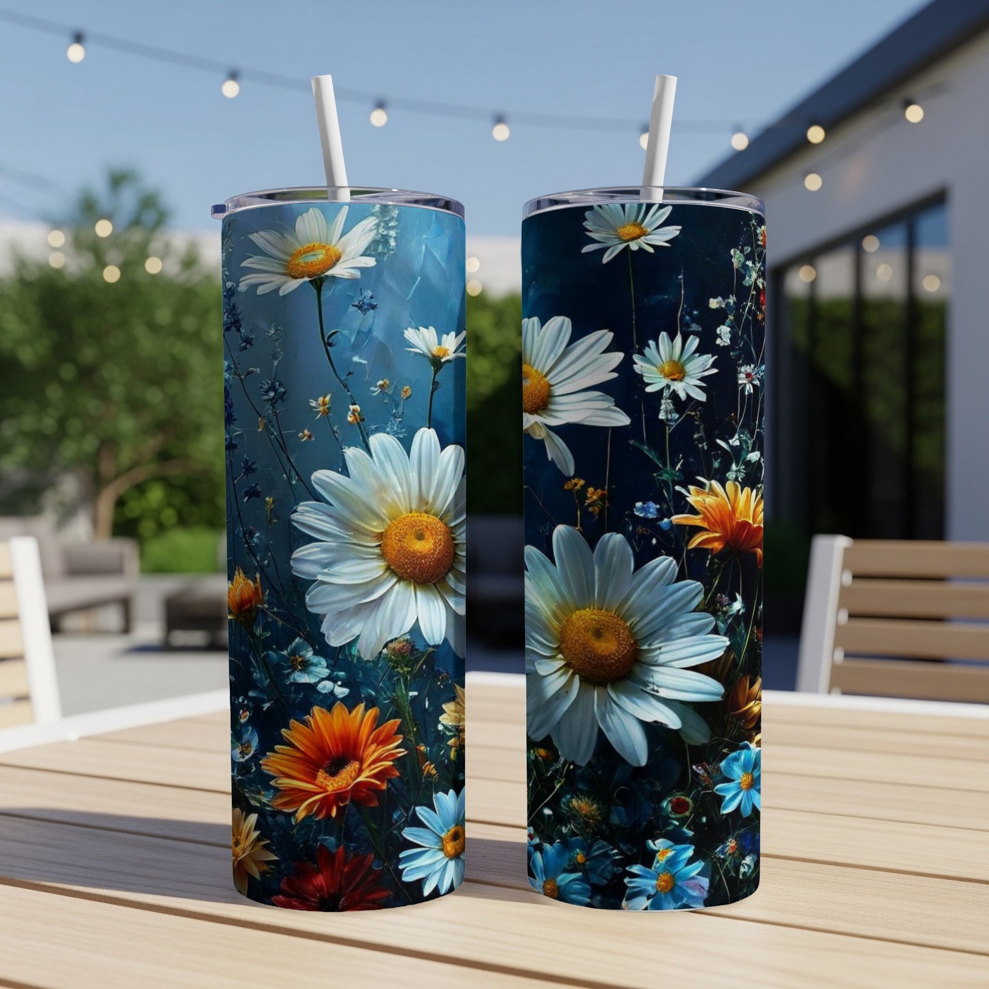 Two tumblers with a floral pattern of daisies and other wildflowers.
