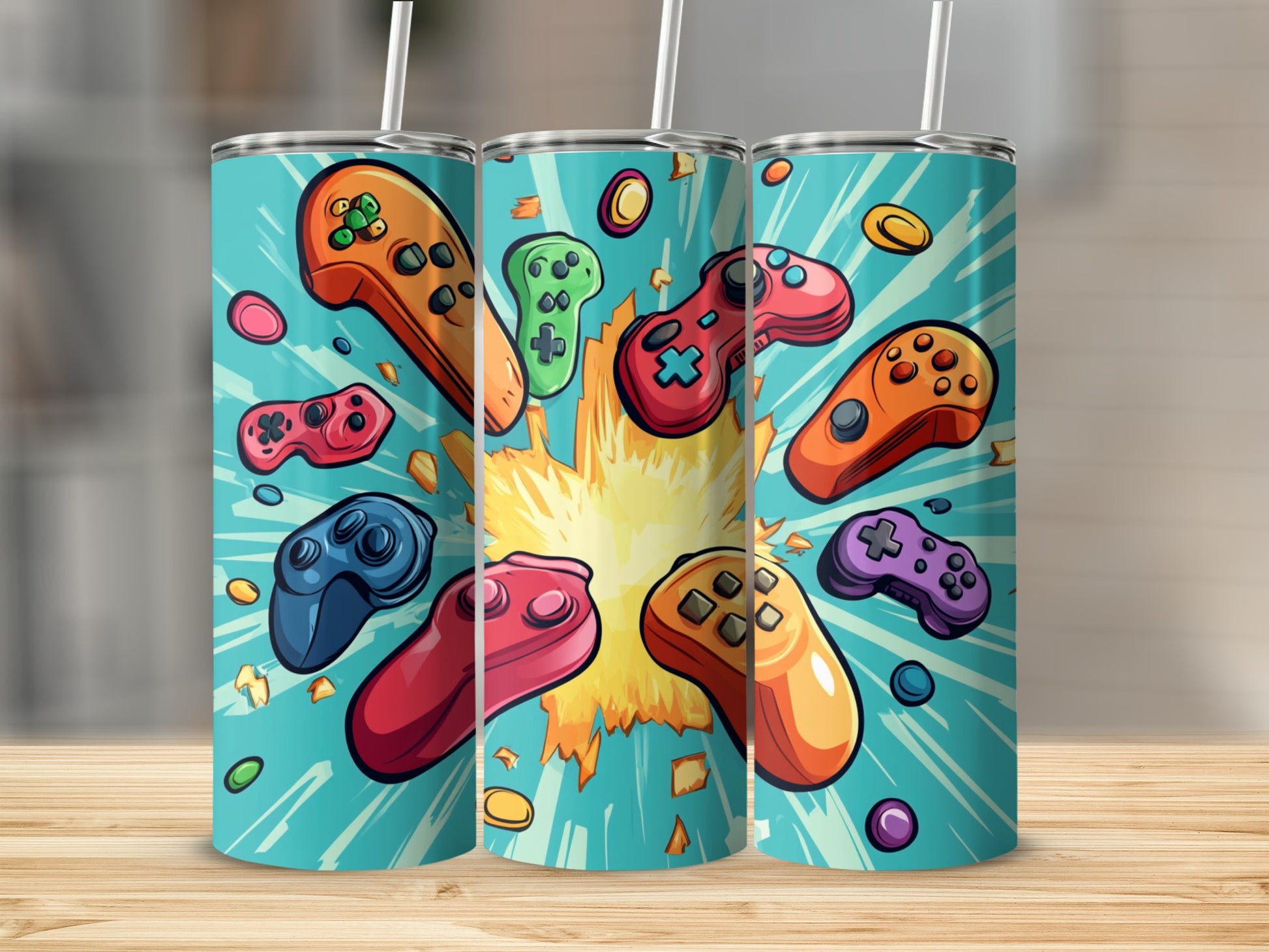 Tumbling game controllers with colorful explosions against a teal background.