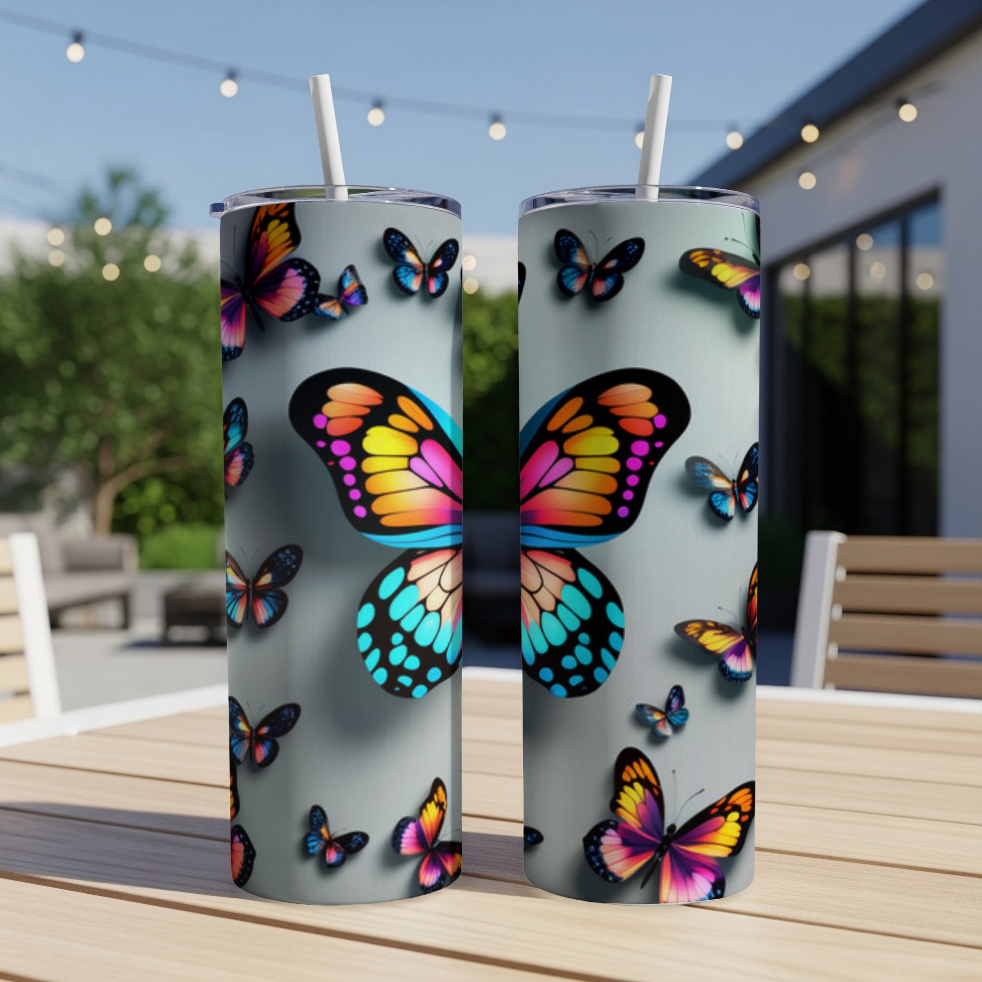 Two tumblers with vibrant butterfly designs on a patio table.