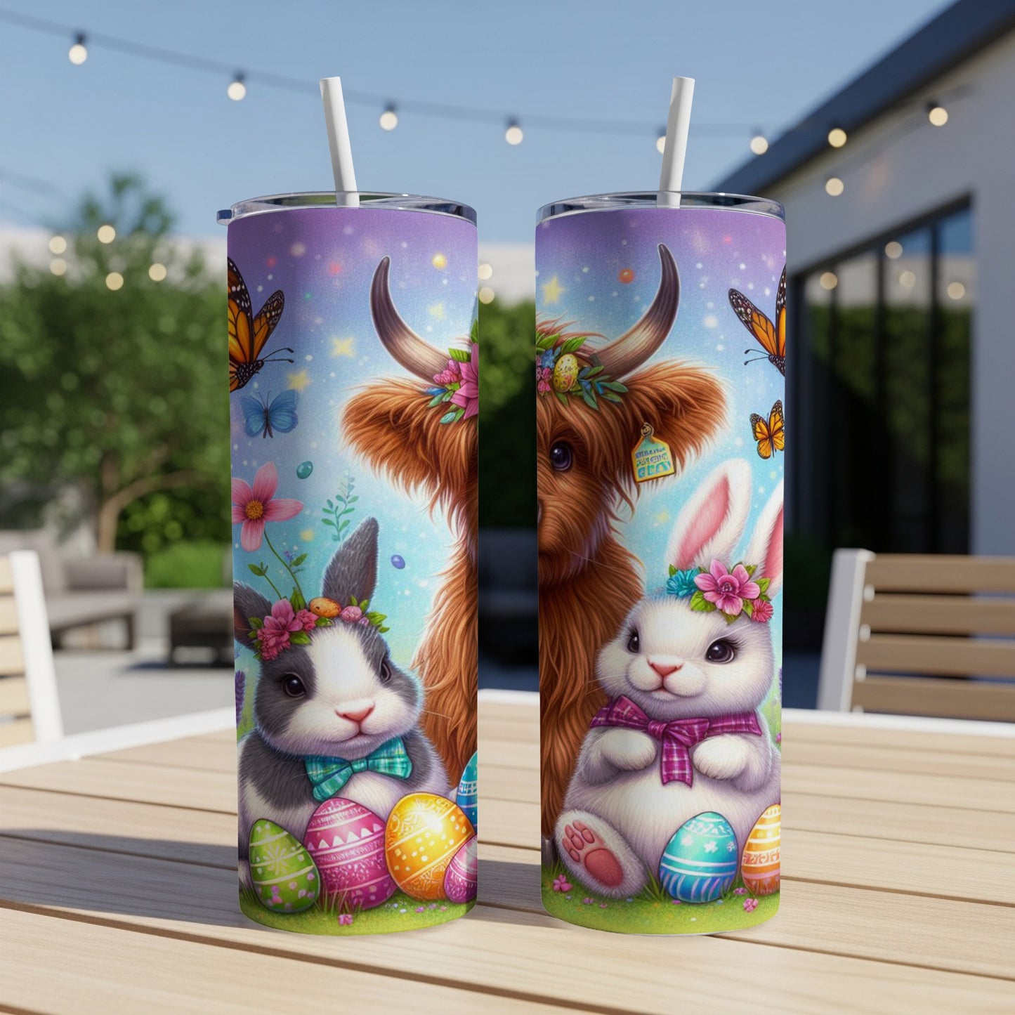 Easter bunnies and Highland cow with decorated eggs and butterflies.