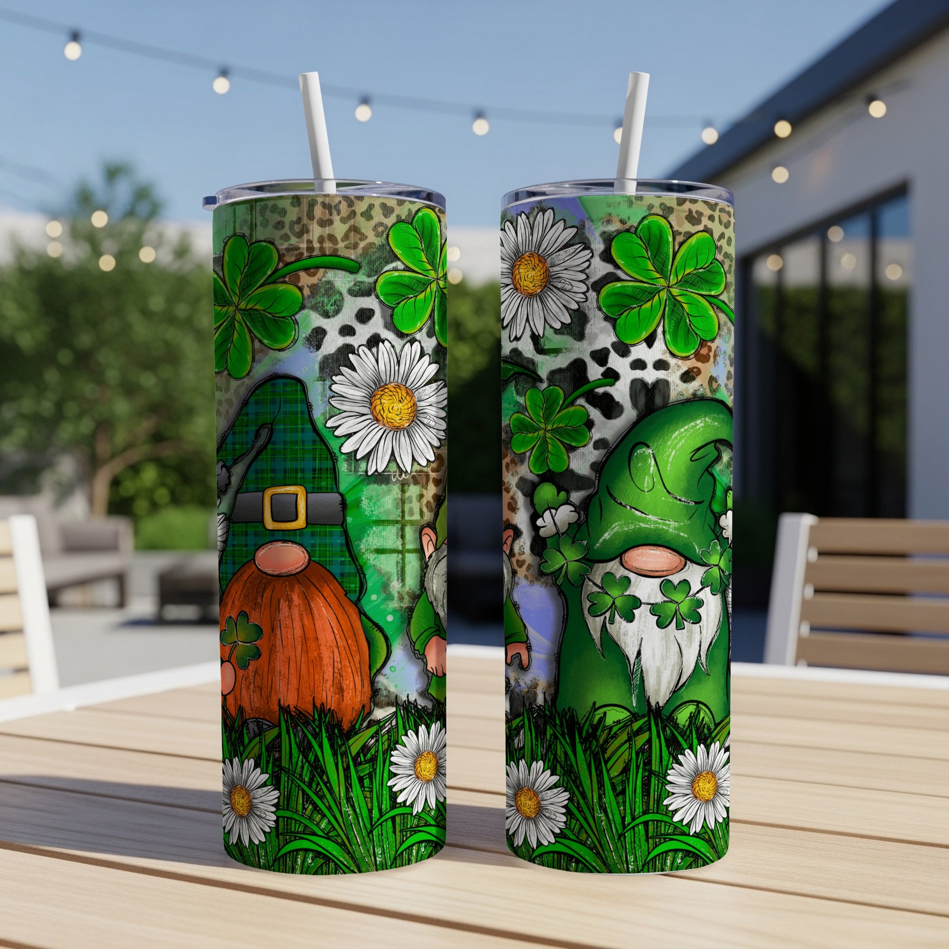 Two St. Patrick's Day themed tumblers with gnomes and shamrocks.