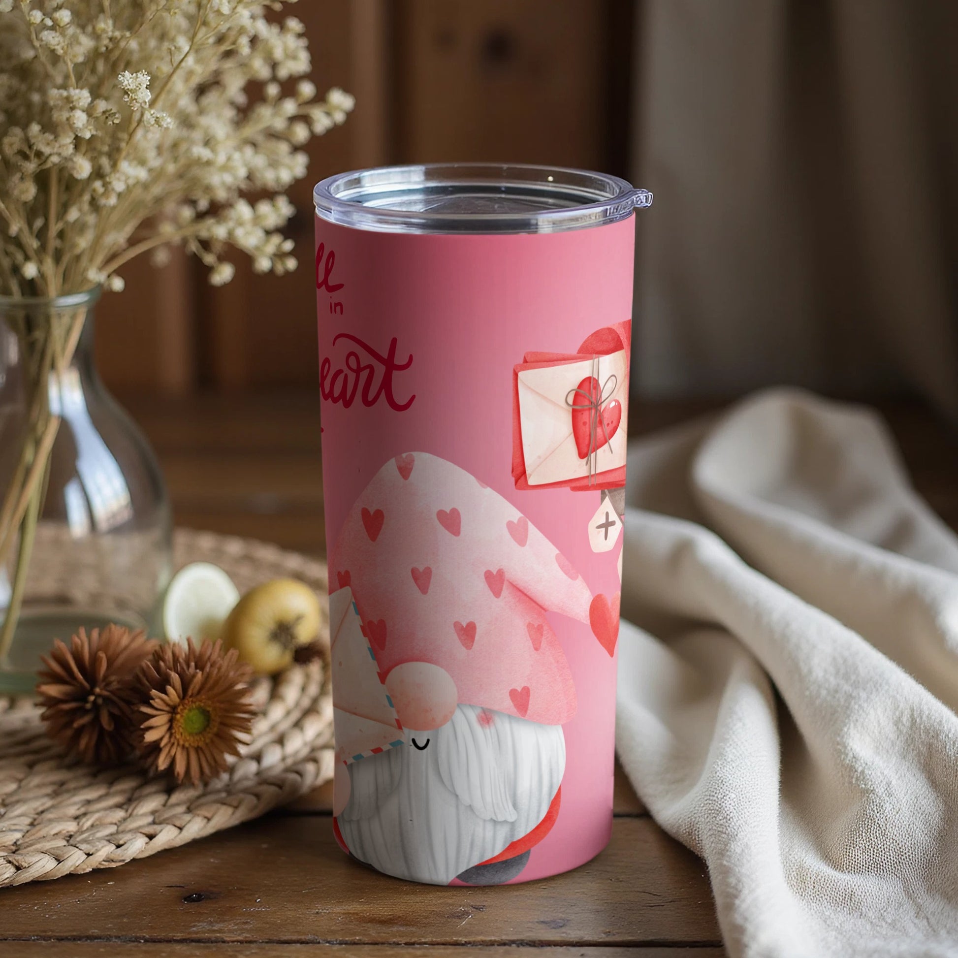 Pink Tumbler With Heart And Gnome Design