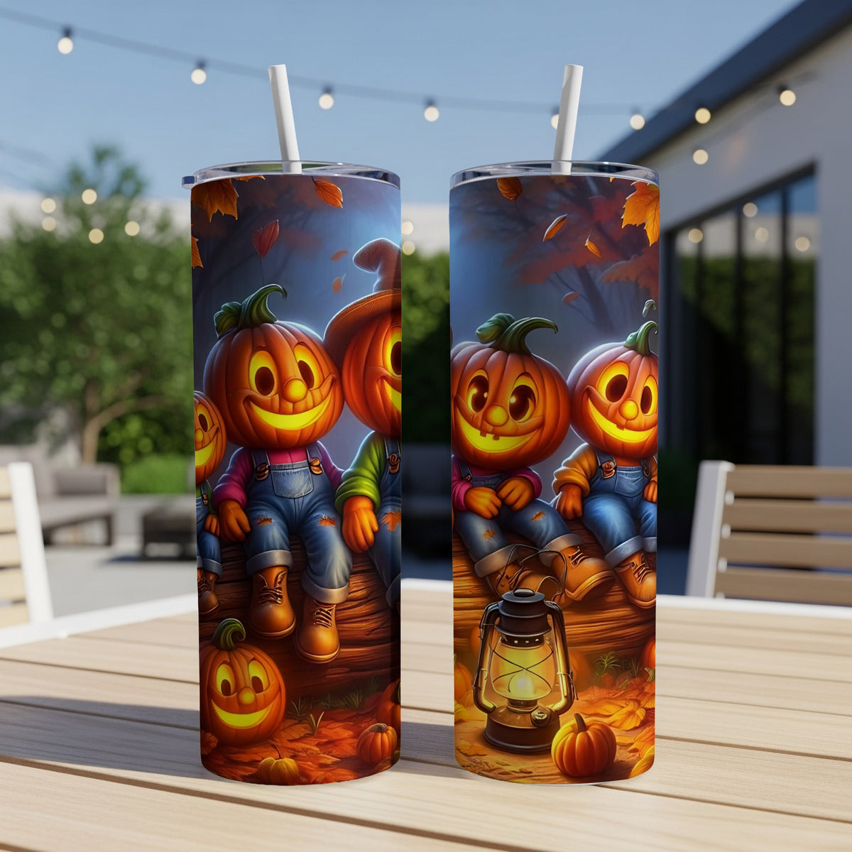 Two tumblers with a Halloween design featuring jack-o'-lanterns and falling leaves.