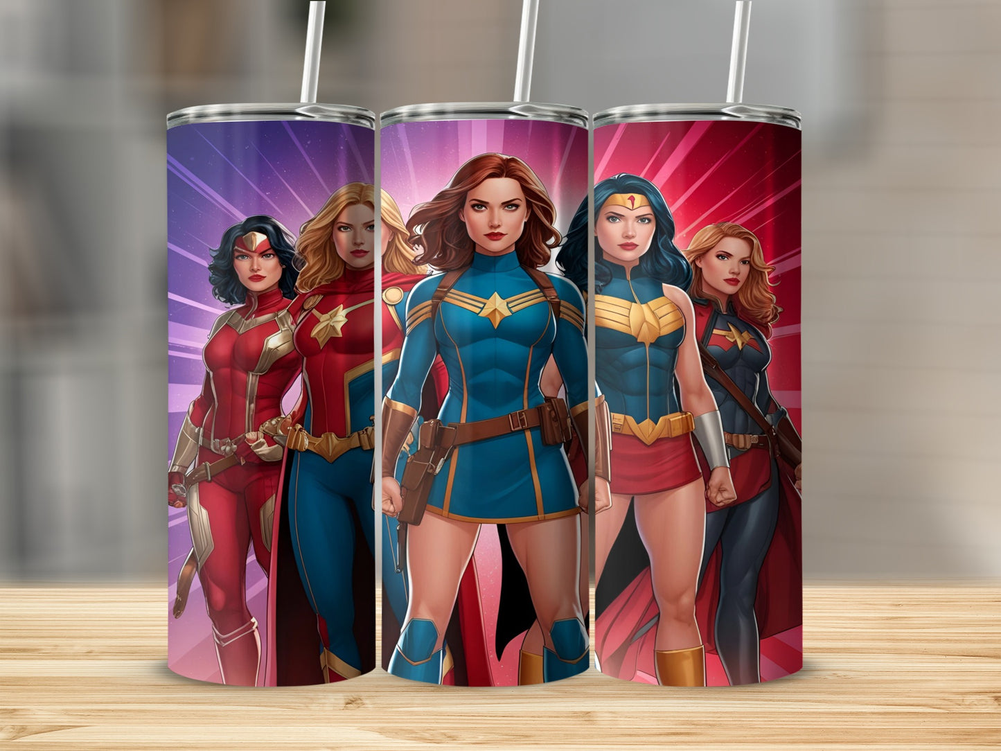 Three female superheroes in comic book style costumes stand side-by-side.