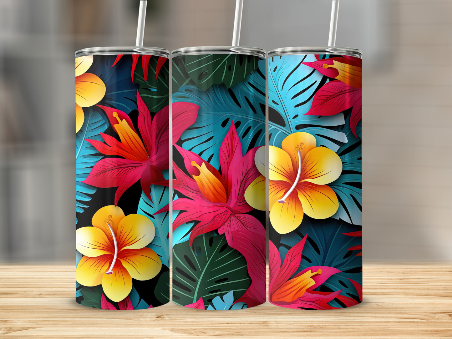 Vibrant Tropical Flower Print Tumbler Drinking Cup