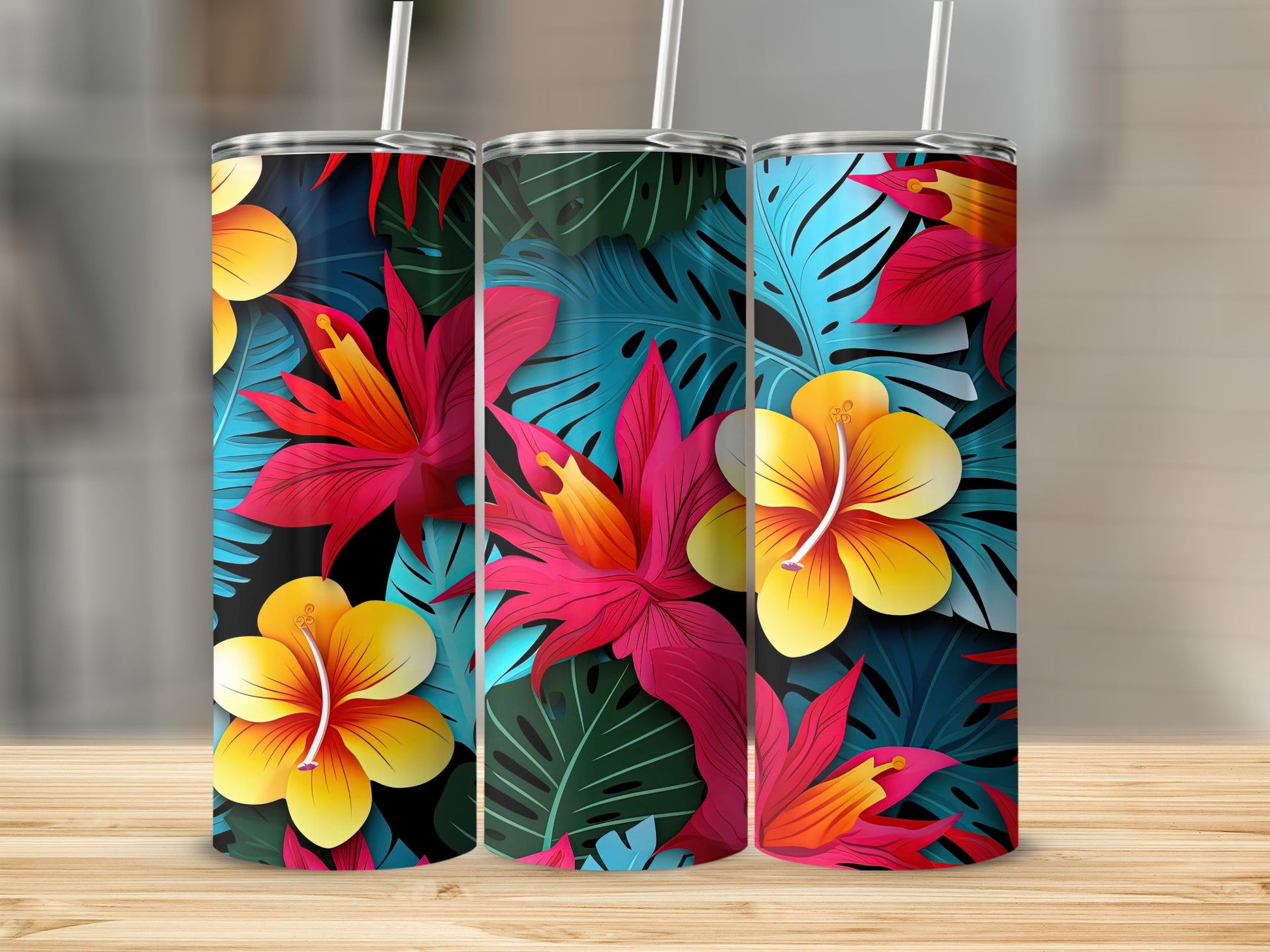 Vibrant Tropical Flower Print Tumbler Drinking Cup