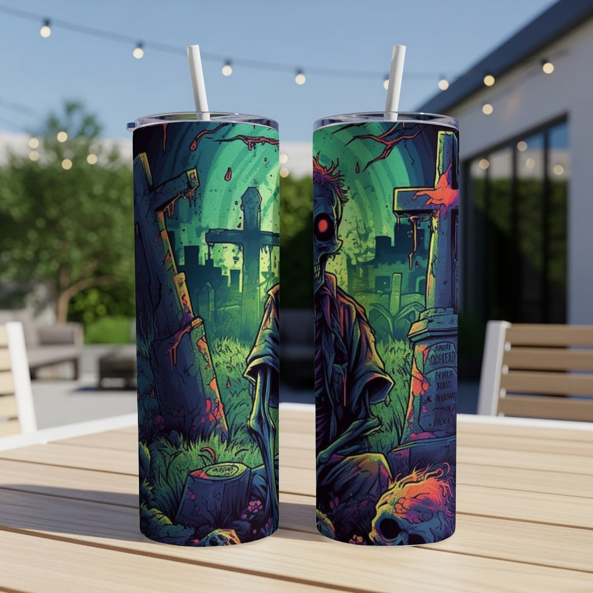 Two tumblers with a zombie graveyard scene, featuring a zombie and gravestones.