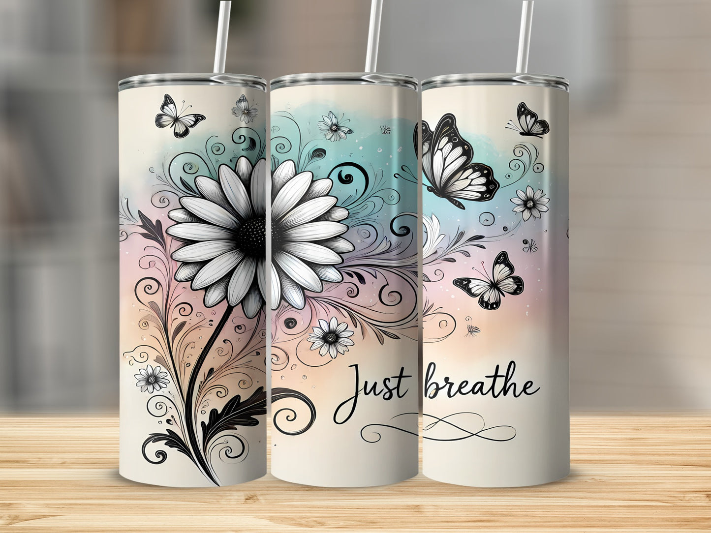 Just Breathe Flower Butterfly Swirl Watercolor Tumbler product type