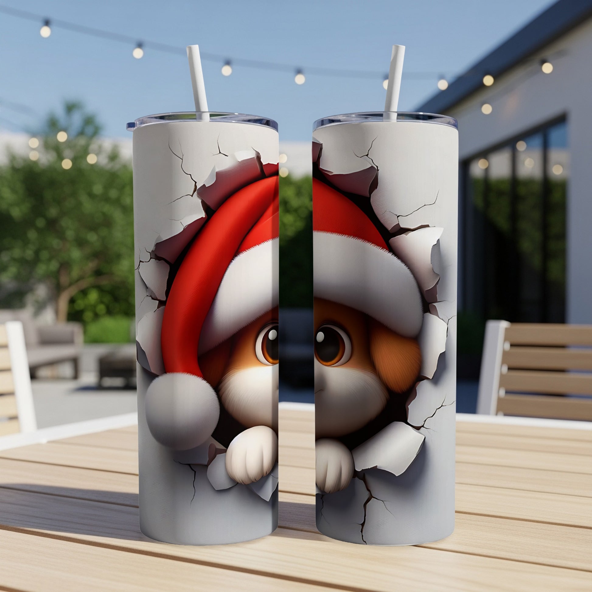 Santa hat dog peeking through cracked surface on a tumbler.