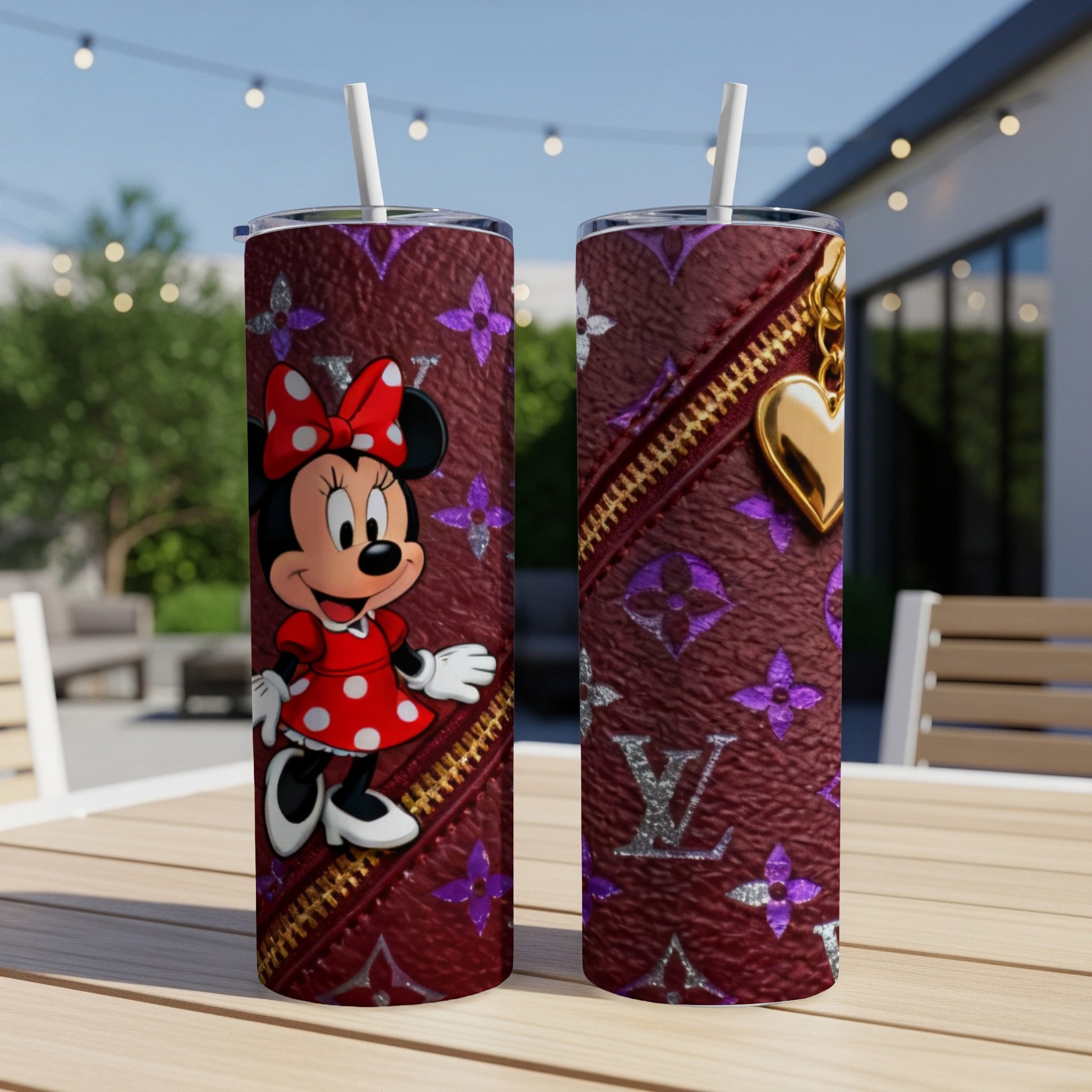 Minnie Mouse on burgundy LV monogram tumbler with gold zipper and heart charm.