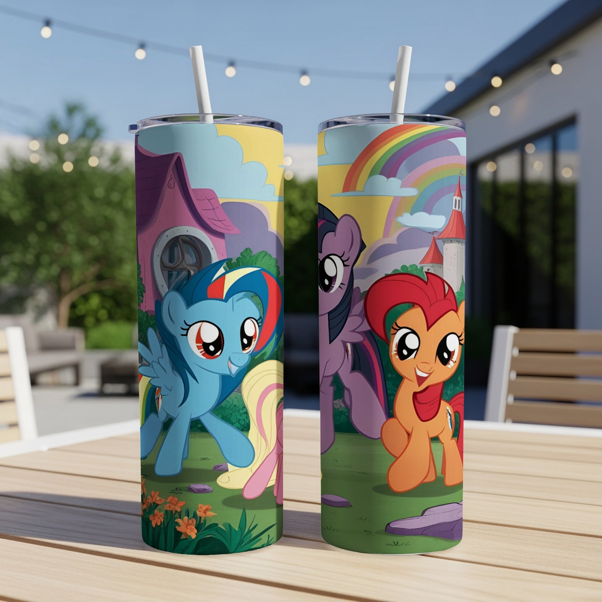 My Little Pony characters Rainbow Dash and Twilight Sparkle on a tumbler.