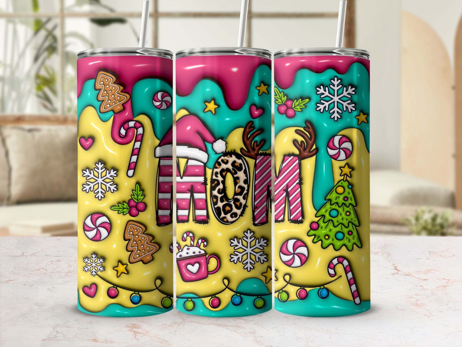Festive Holiday Mom Themed Tumbler with Straw Design