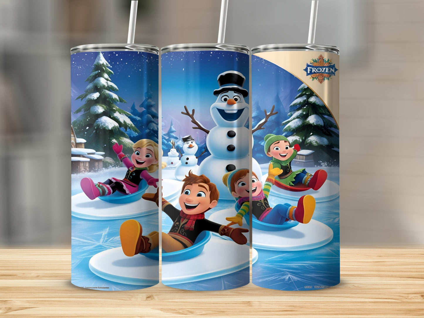 Olaf and friends sledding on ice in a winter forest landscape.