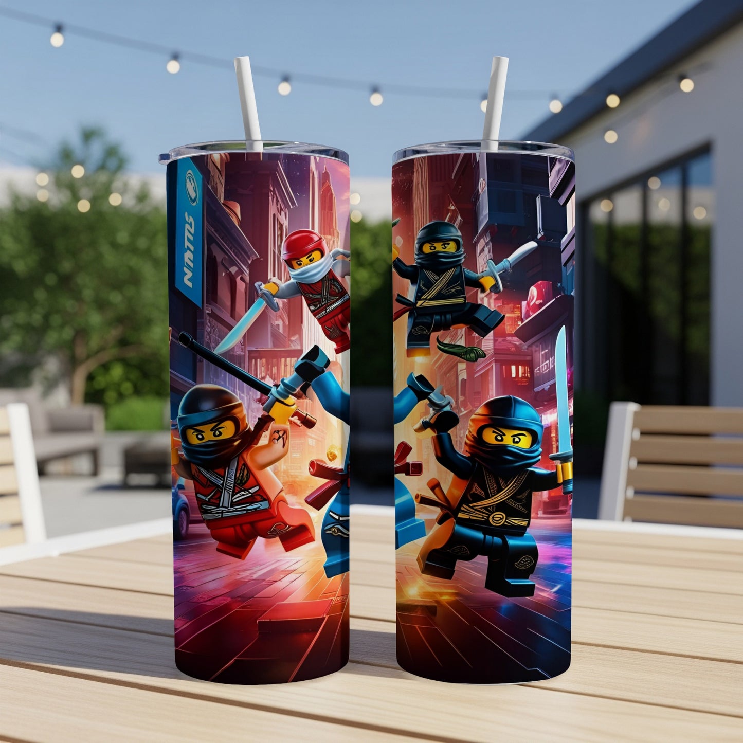 Two tumblers featuring LEGO ninjas fighting in a city street scene.