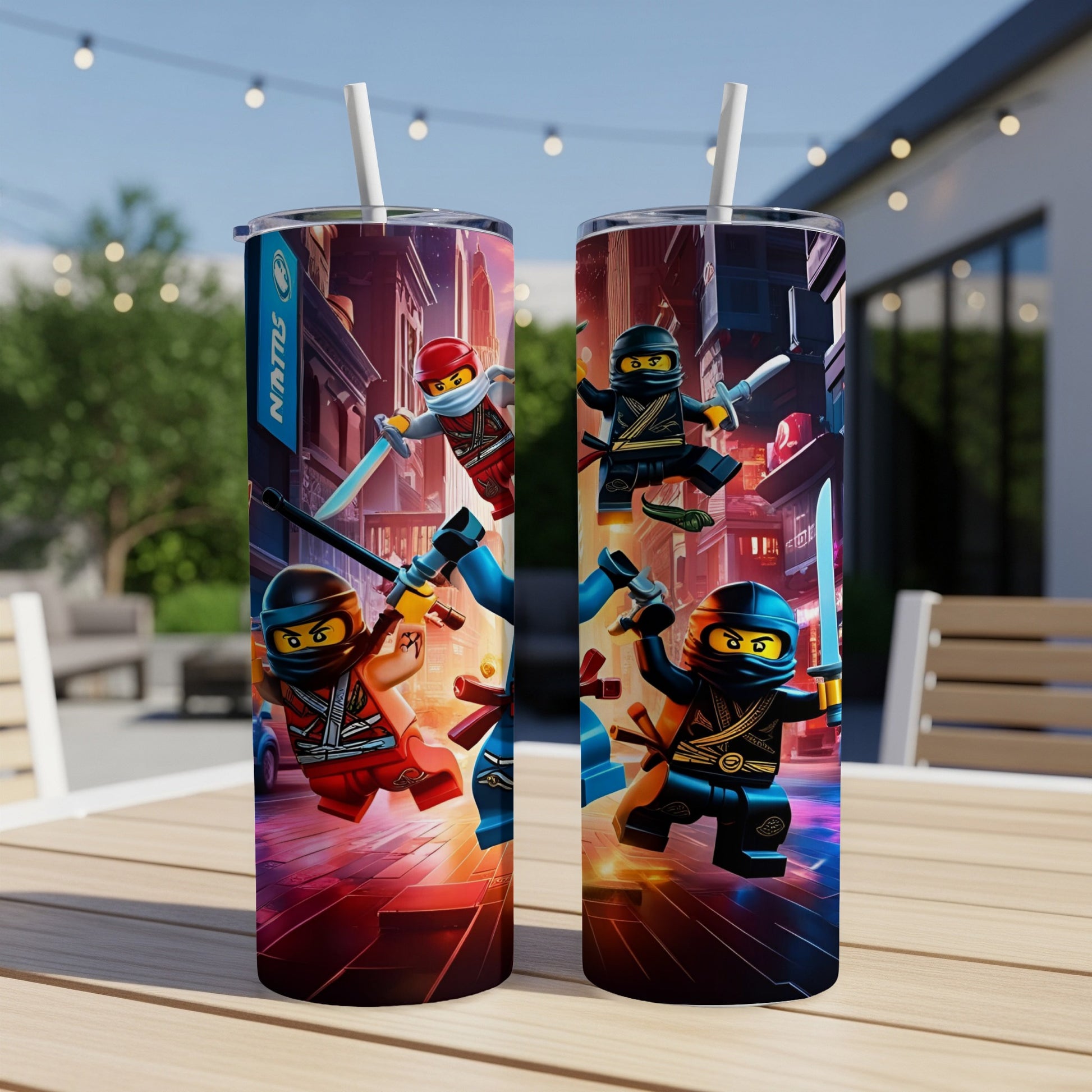 Two tumblers featuring LEGO ninjas fighting in a city street scene.