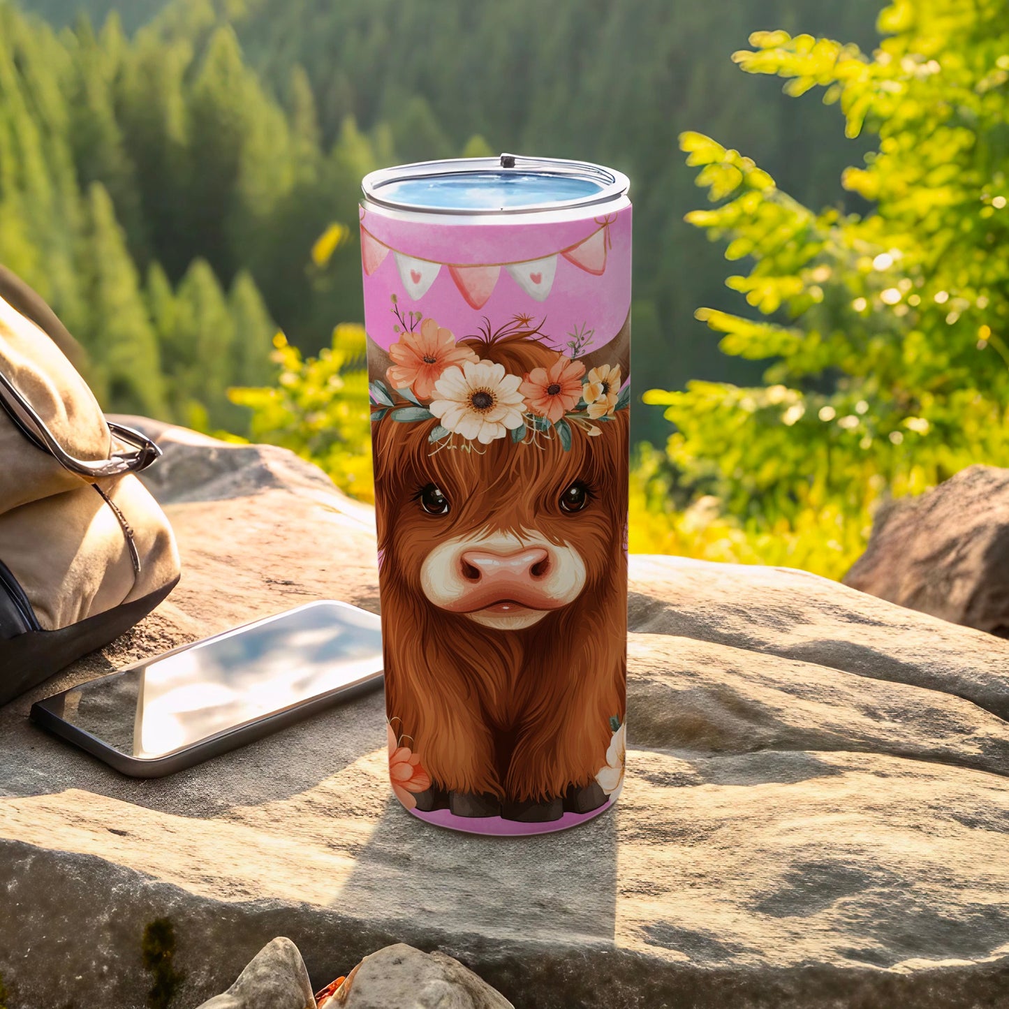 Cute Highland Cow with Flowers Tumbler Cup