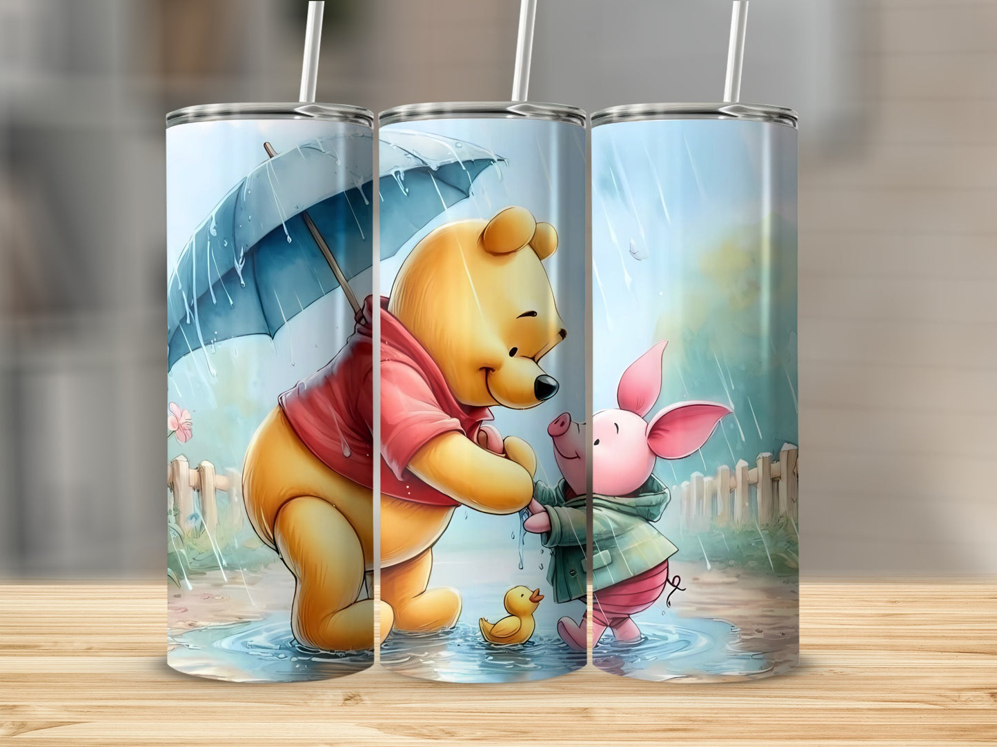 Winnie the Pooh Piglet Duck in Rain Cartoon Tumblers