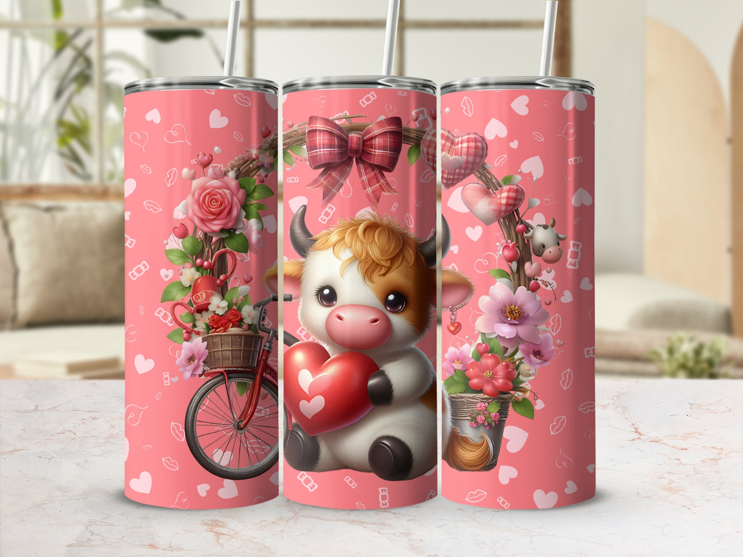 Adorable Heart Holding Cow and Floral Design Tumbler