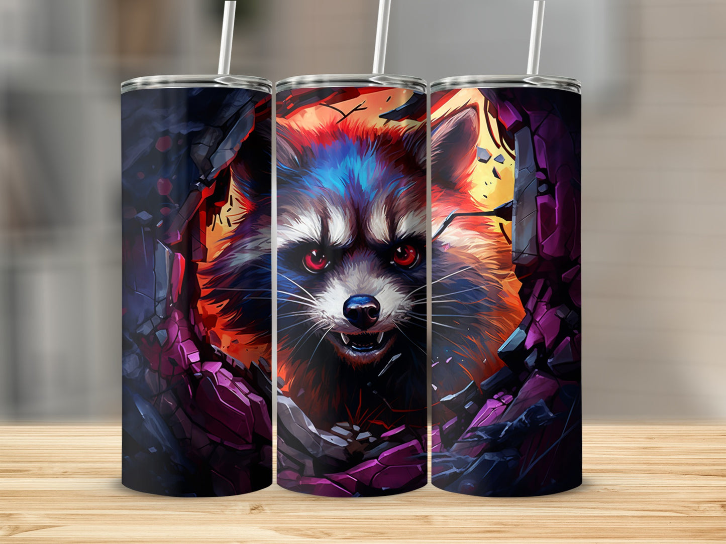 Vibrant raccoon artwork bright tumbler drinkware