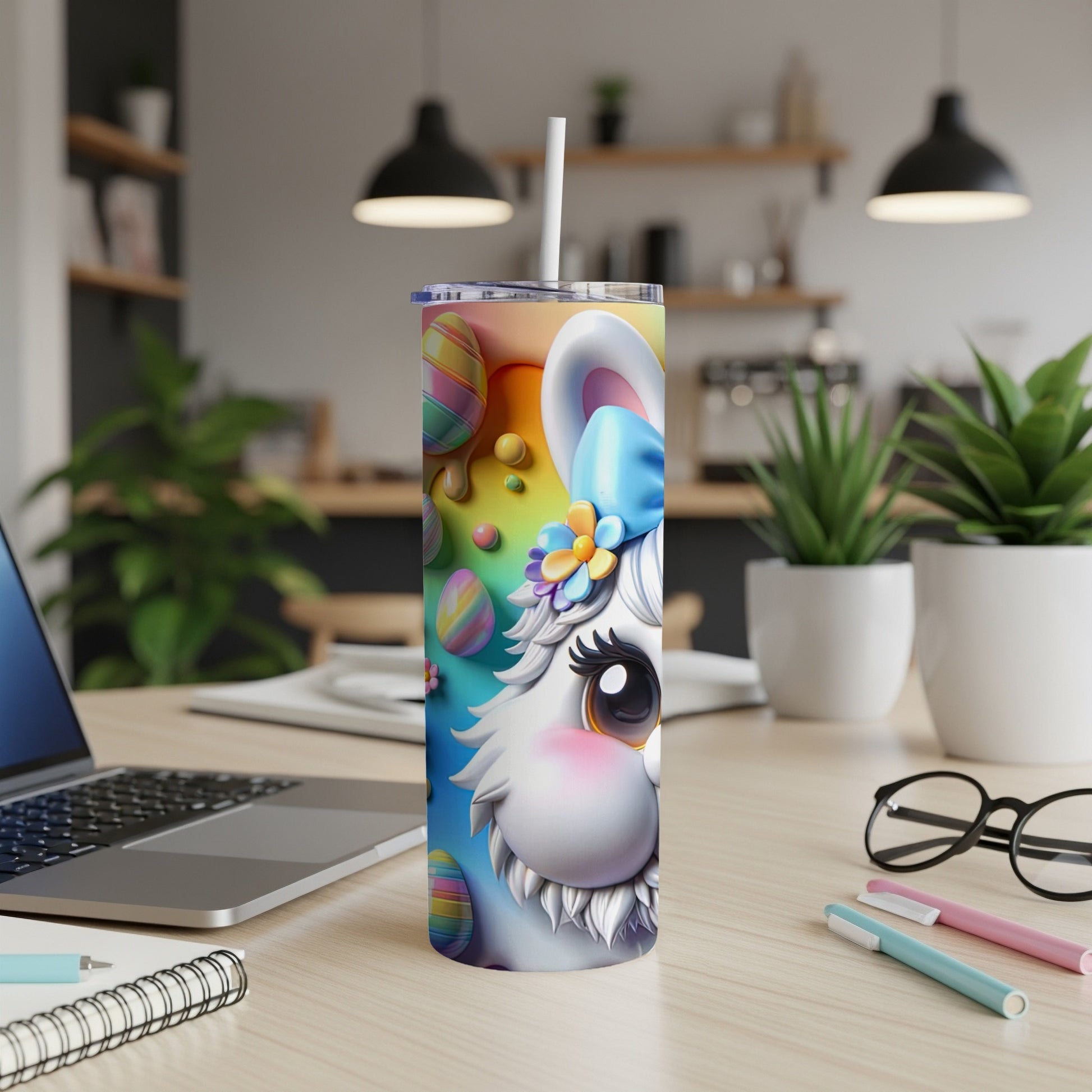White bunny tumbler with rainbow Easter eggs and bow.