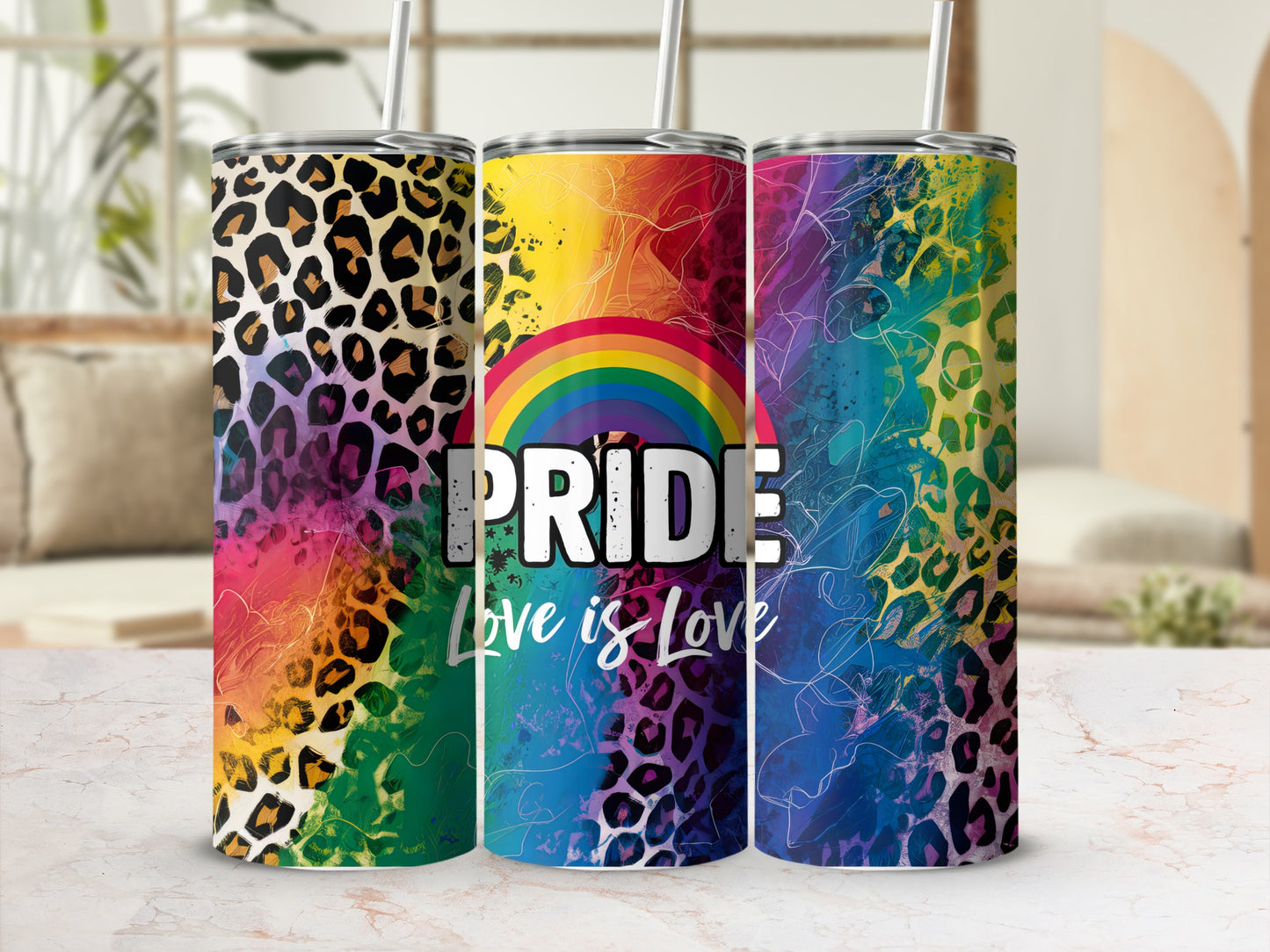 Three pride-themed tumblers with leopard print, rainbow gradient, and "Love is Love" text.