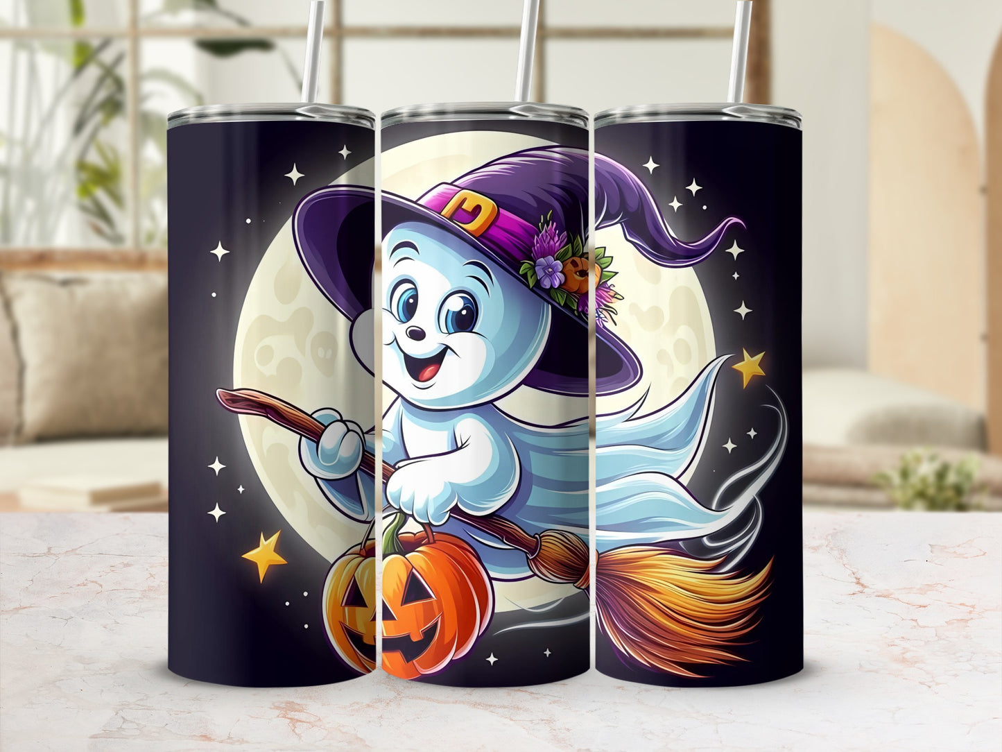 Tumblers feature a cartoon ghost in a witch hat flying on a broom with a pumpkin.
