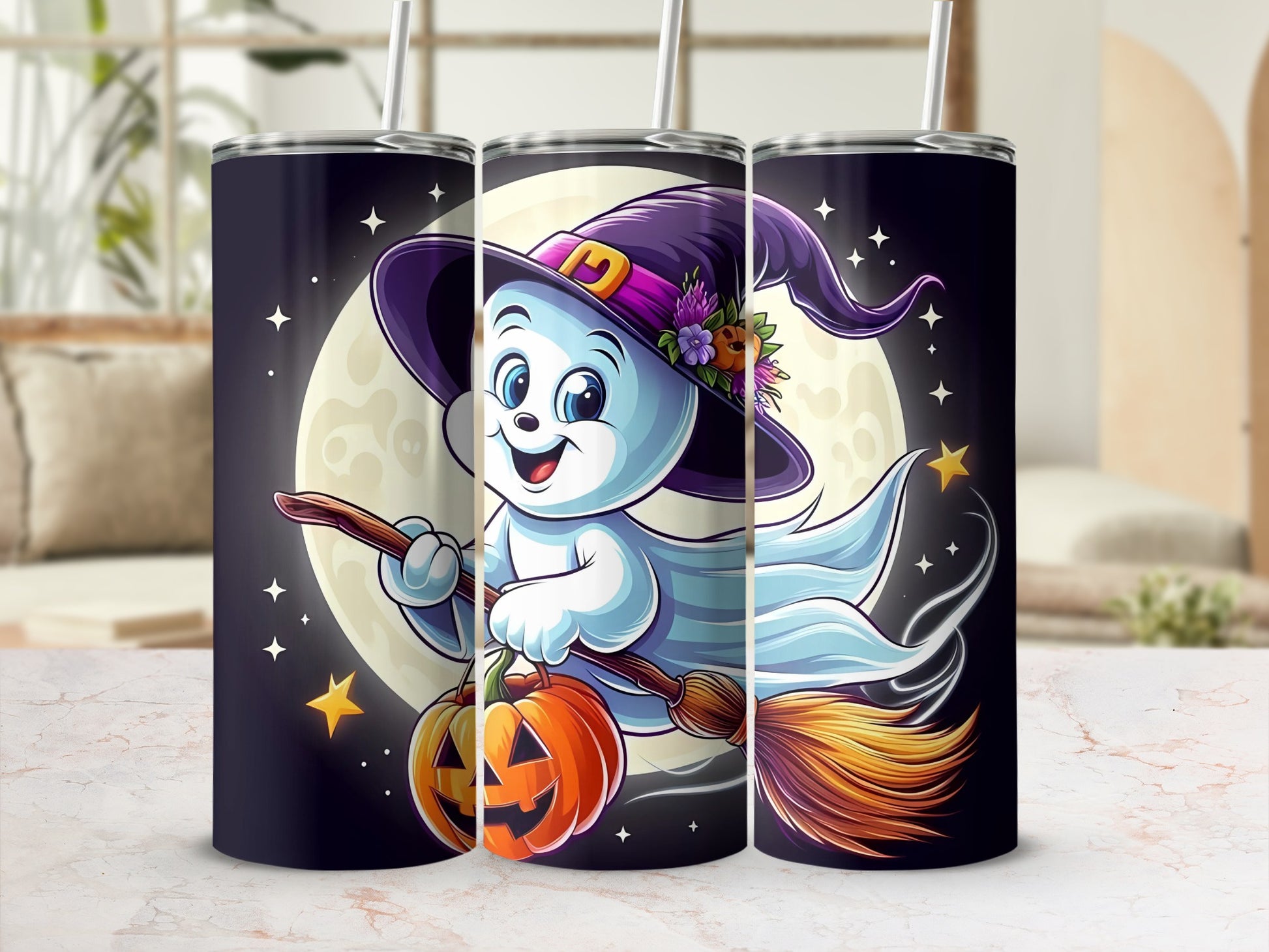 Tumblers feature a cartoon ghost in a witch hat flying on a broom with a pumpkin.