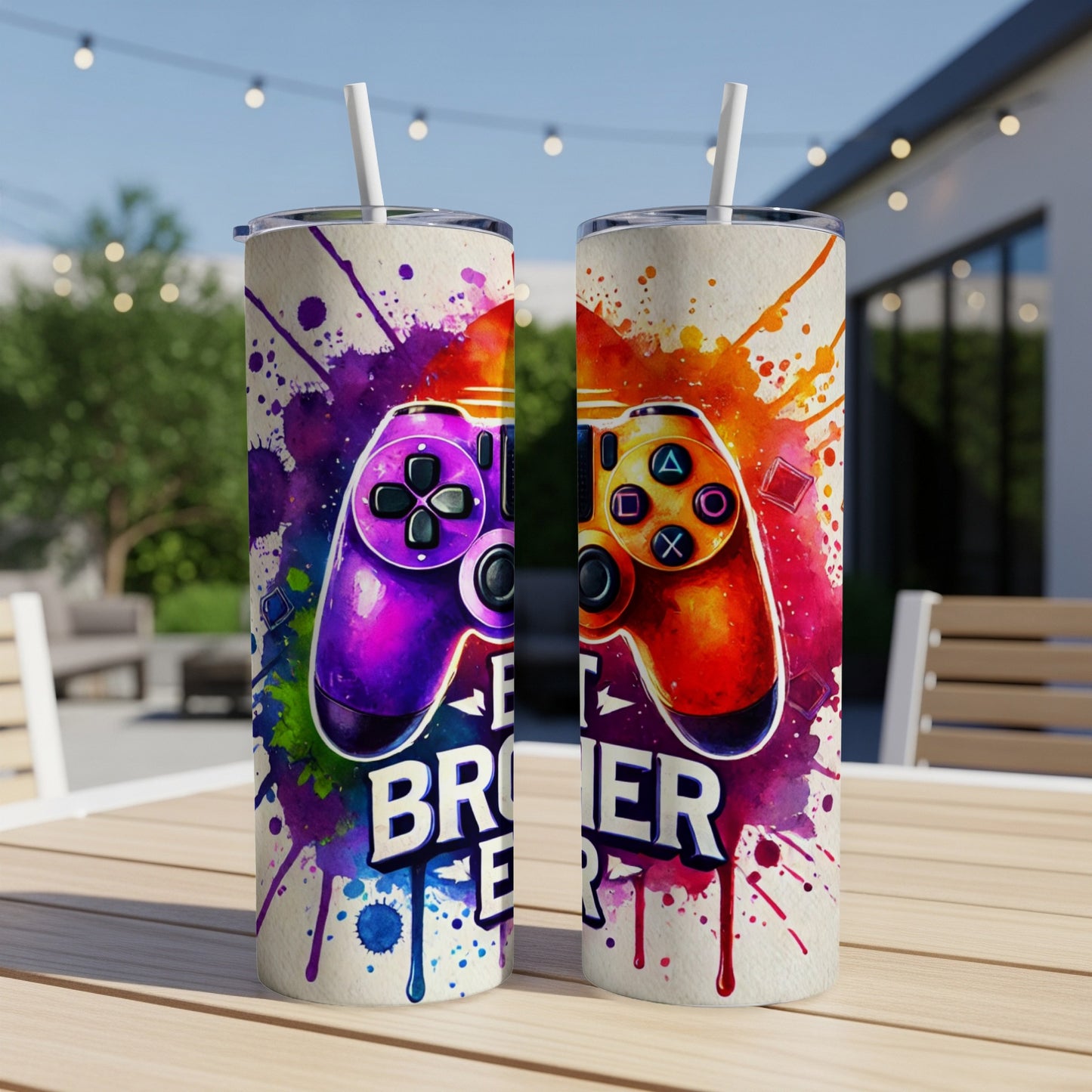 Two colorful gaming controllers on tumblers, "Best Brother Ever" text.