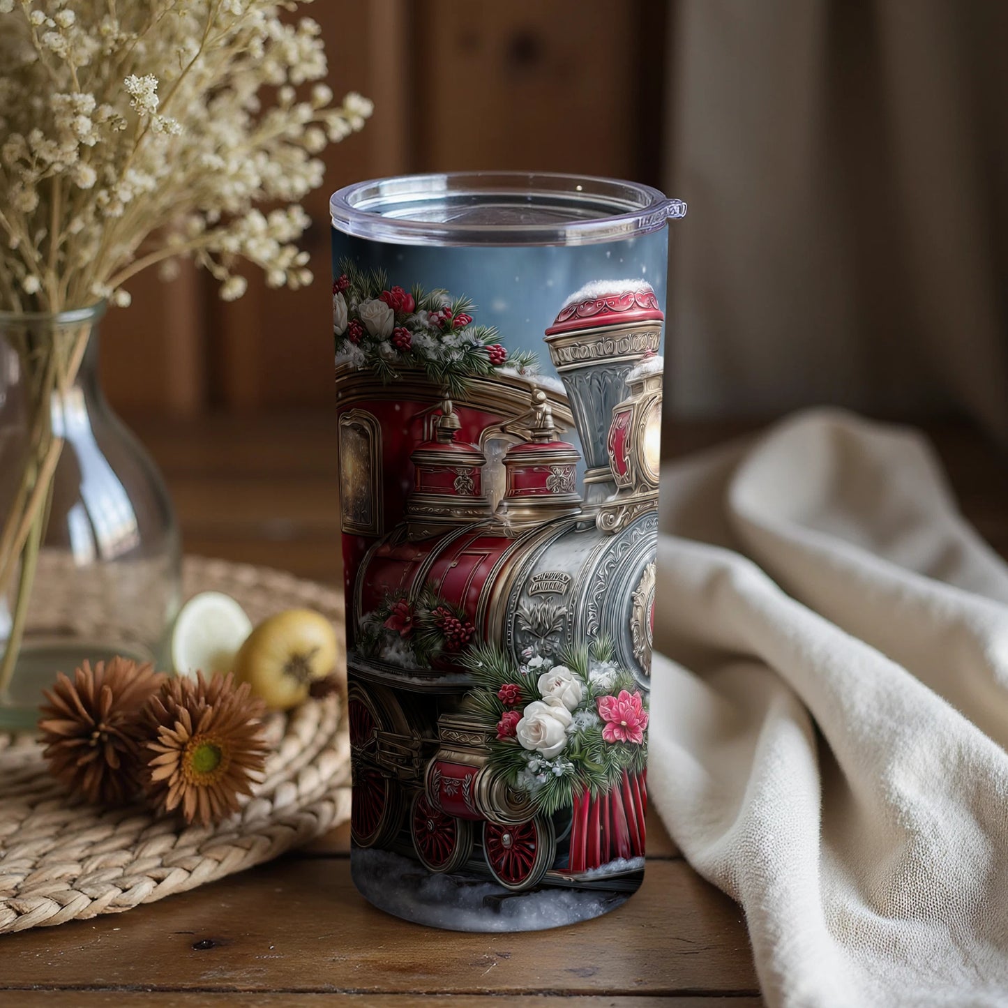 Vintage Holiday Train Themed Travel Tumbler Product