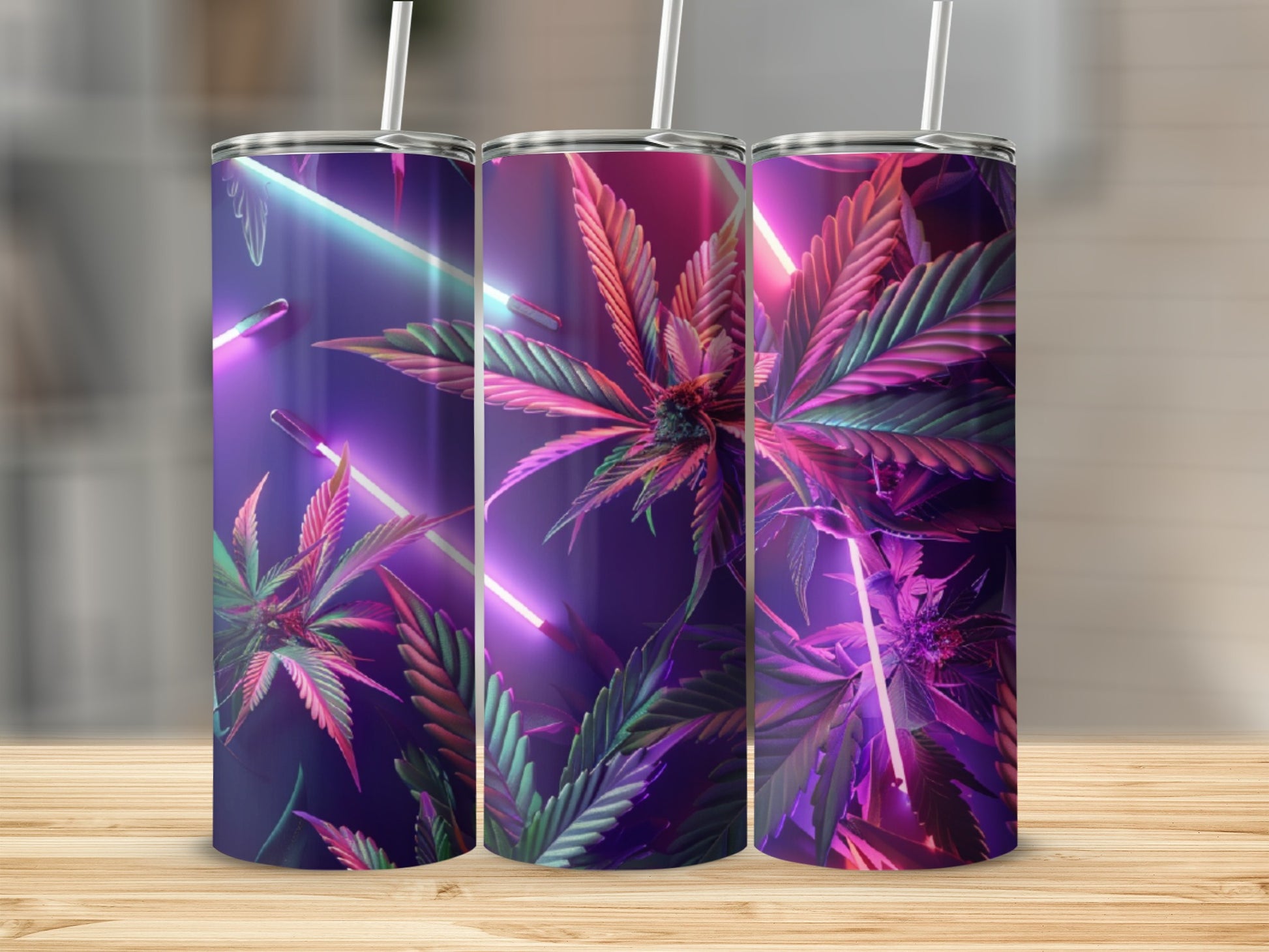 Abstract cannabis leaves with neon light streaks on a tumbler.