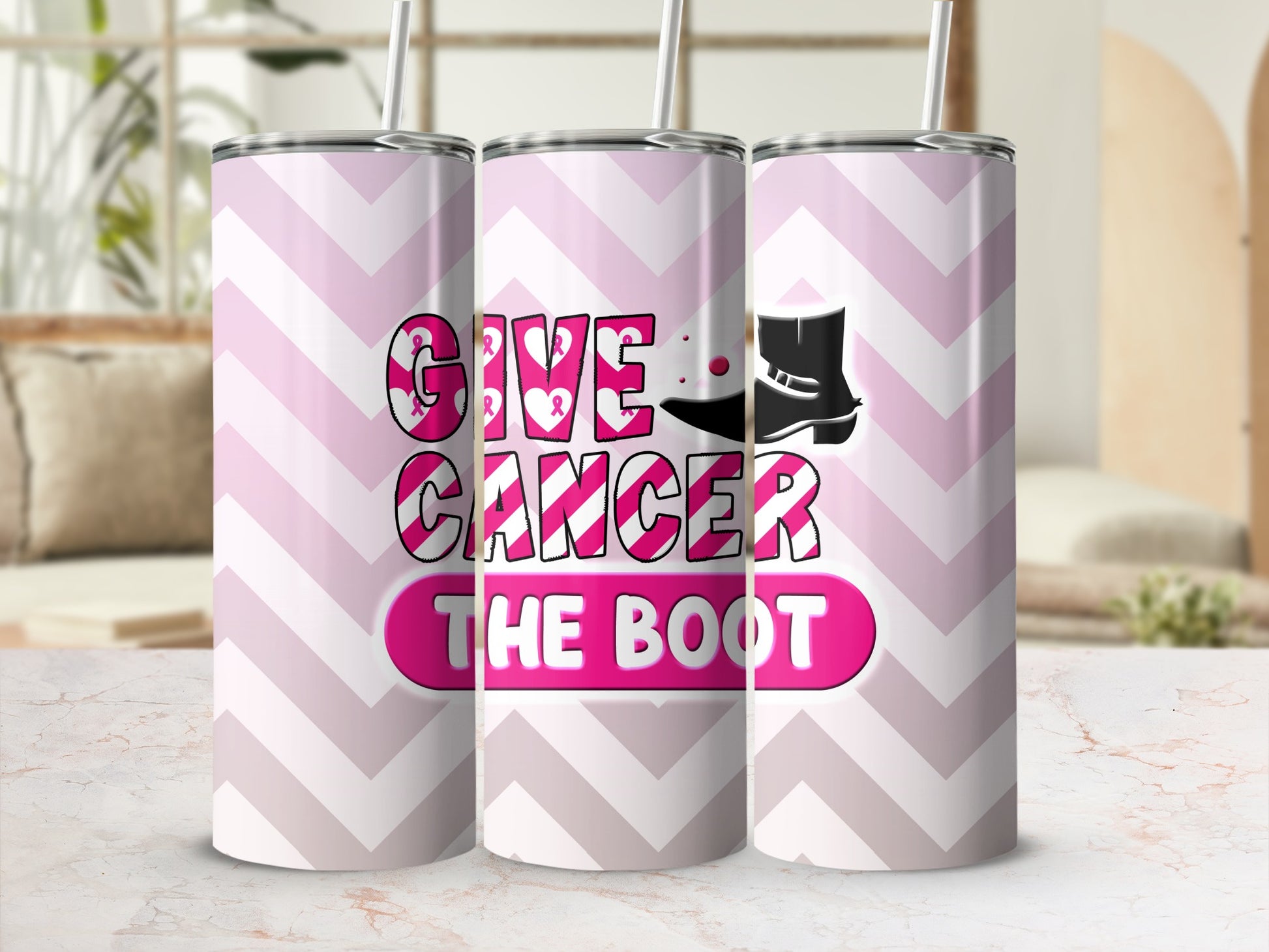 Pink chevron tumbler with "Give Cancer the Boot" text and boot graphic.
