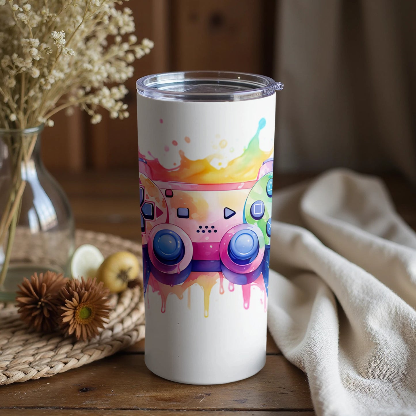 Vibrant Artistic Gaming Controller Travel Mug