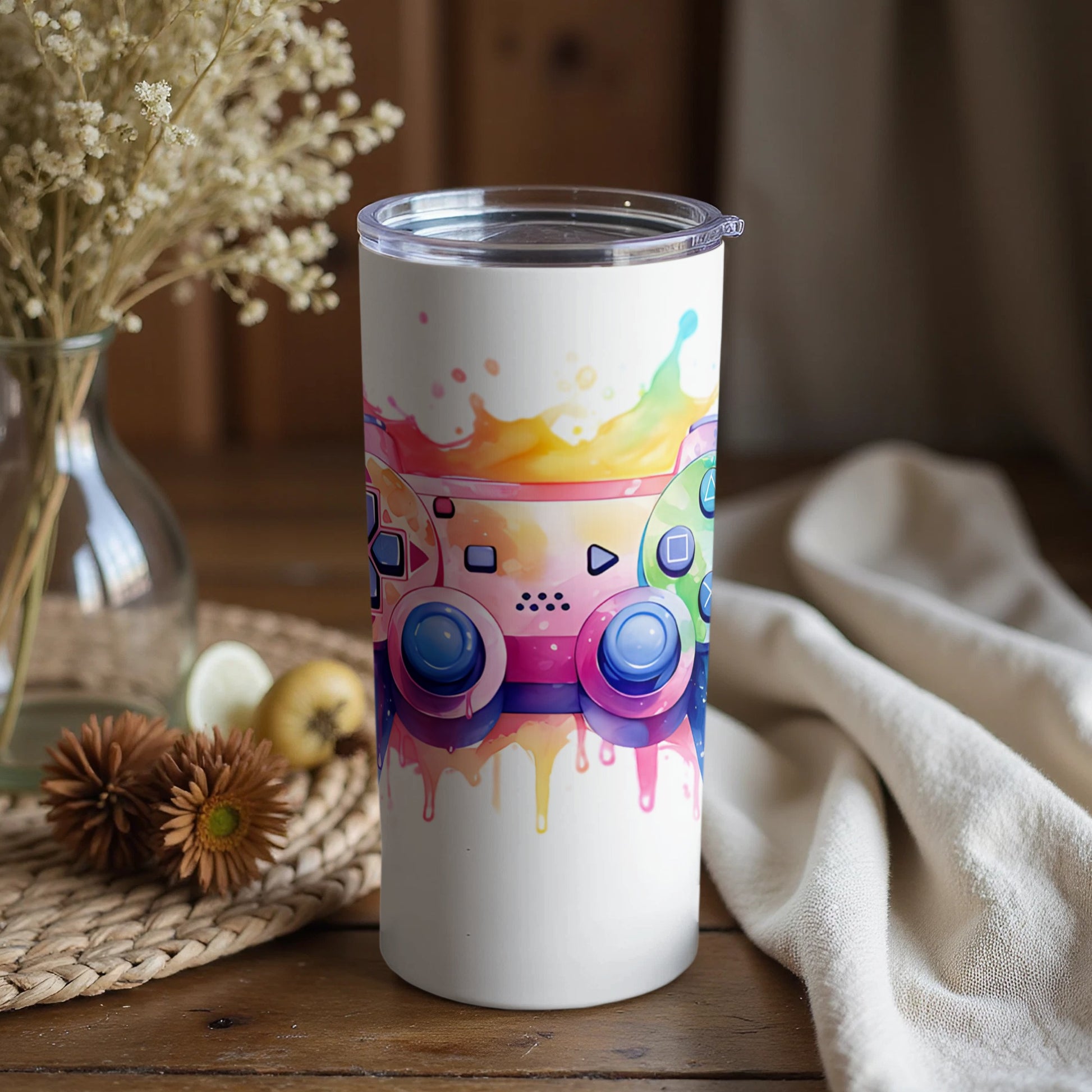 Vibrant Artistic Gaming Controller Travel Mug