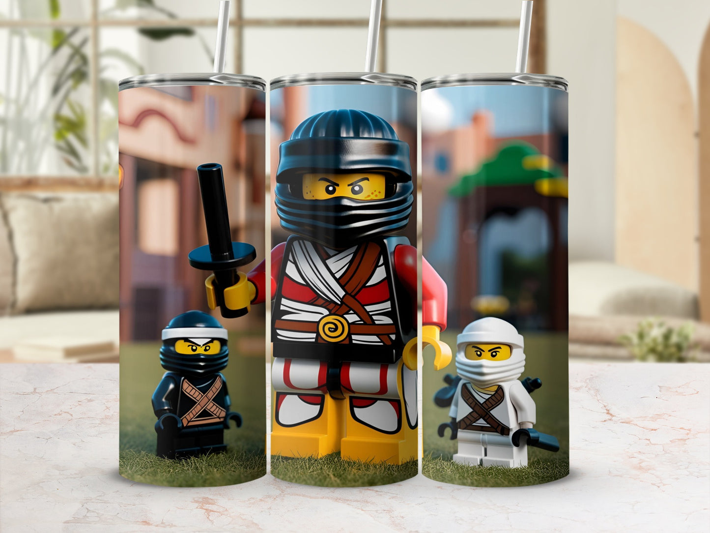 Three Lego ninjas, one with a red sash and two with white, hold swords.