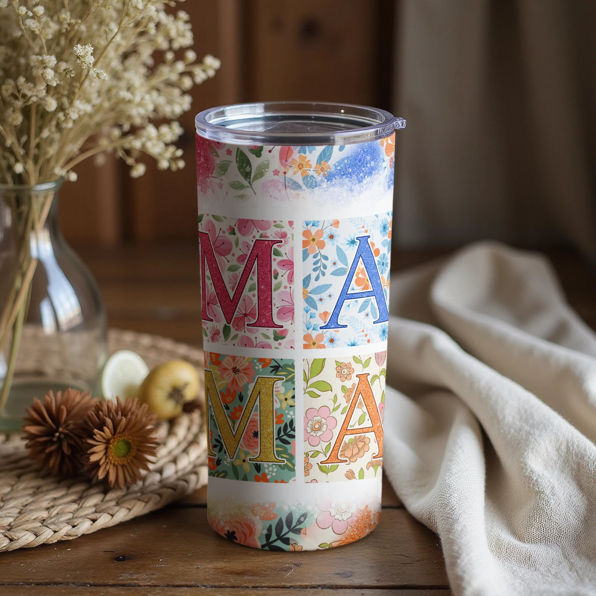 Colorful Floral MAMA Tumbler Insulated Travel Coffee Cup