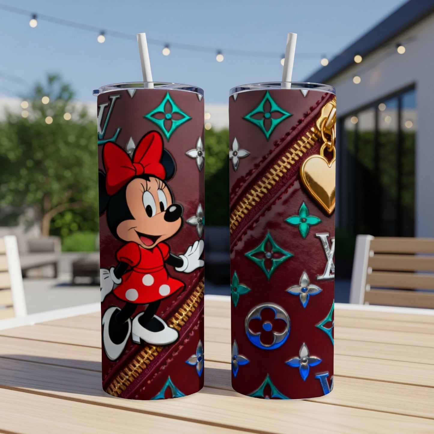Minnie Mouse on dark red tumbler with gold zipper and LV-style pattern.