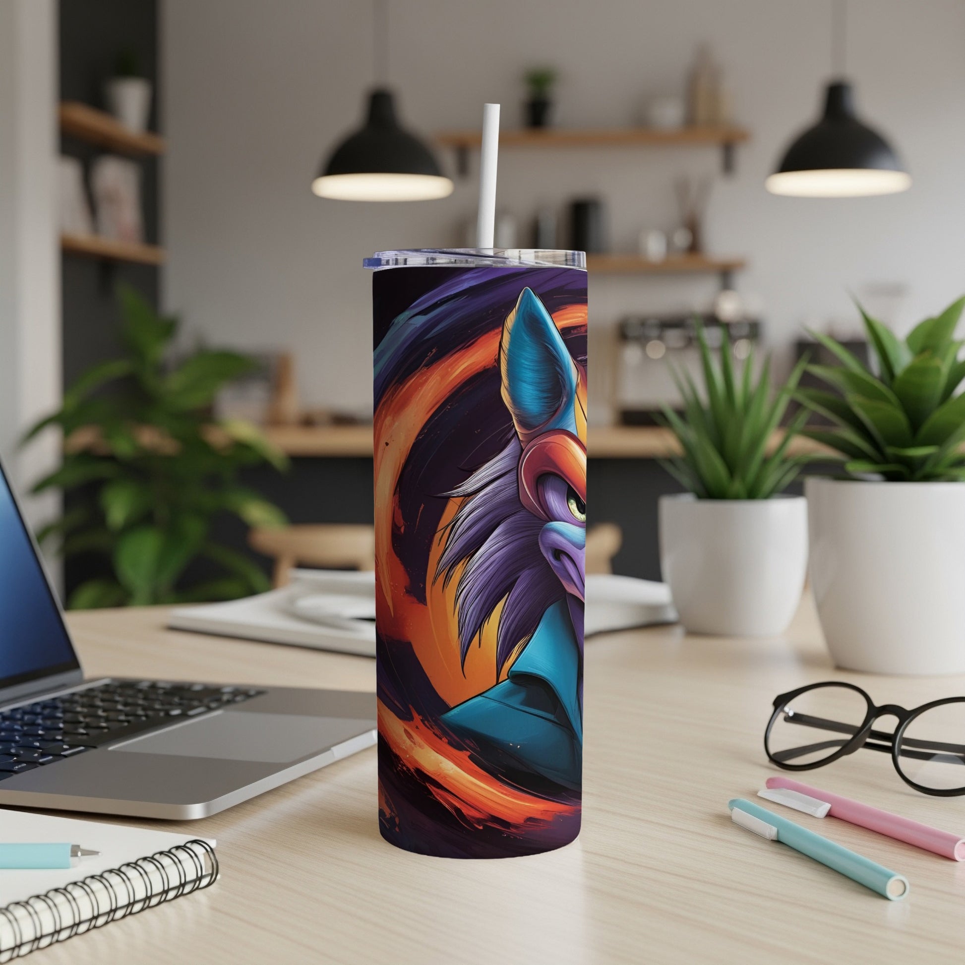 Tumbler with abstract fox art, straw, and office desk setting.