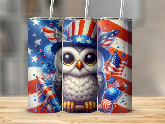 Cute owl in a patriotic hat and bandana with fireworks and American flags.