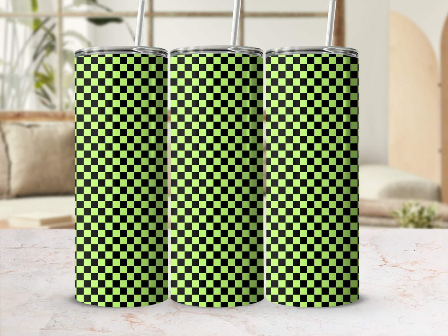 Three tumblers with lime green and black checkerboard pattern.