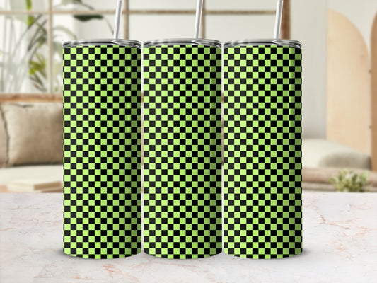 Three tumblers with lime green and black checkerboard pattern.